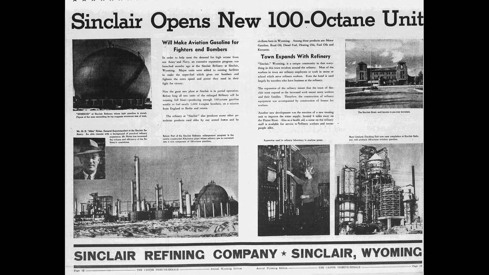 The Casper Tribune-Herald reported on the final construction of the Frontier Refinery in Cheyenne that was constructed to produce 100-octane aviation fuel for the war effort.