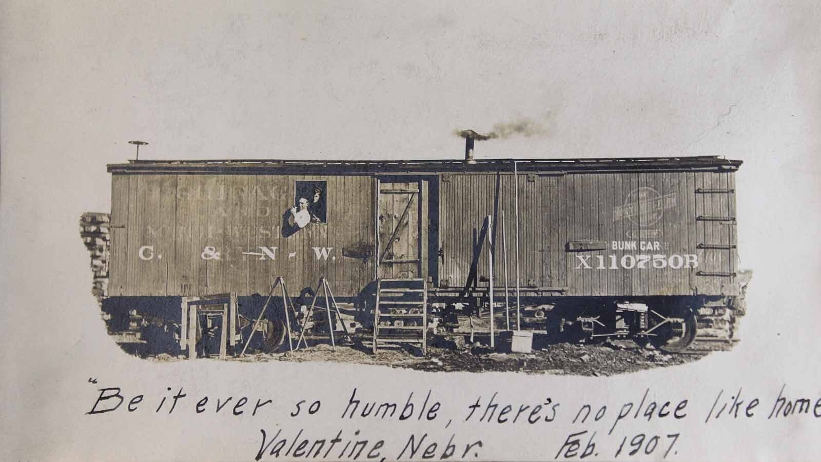  A C&NW bunk car at Valentine, Nebraska, in February 1907. It is most likely a similar car to what was carrying the men involved in the wreck. These served as homes on wheels for track crews and would carry bunks, cook stoves, etc.