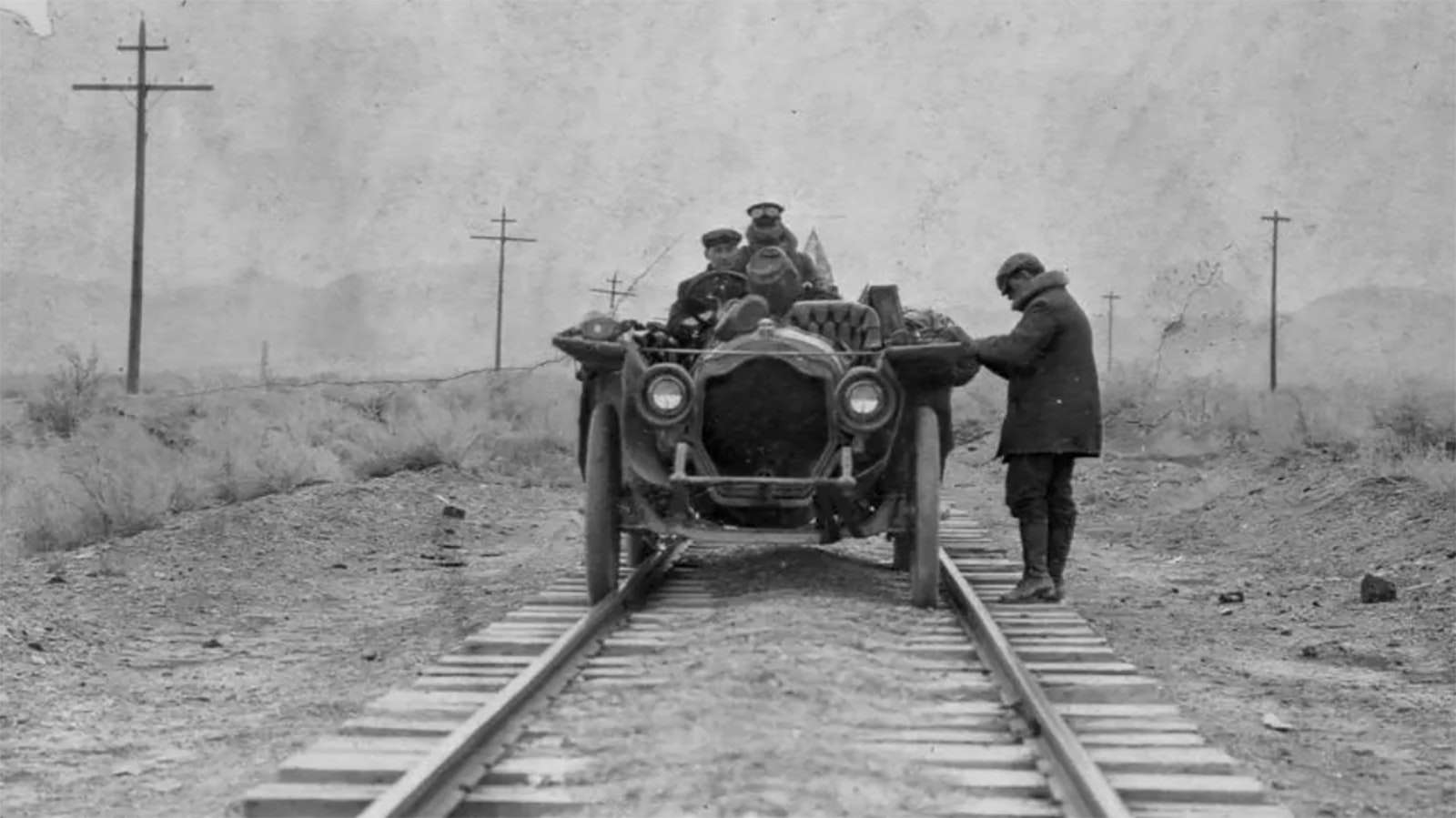 When roads were not available, the competitors in the 1908 New York to Paris auto race used the railroad tracks in order to cross the difficult terrain in the Rocky Mountains. In Wyoming, they found a convenient crossing near Tie Siding.