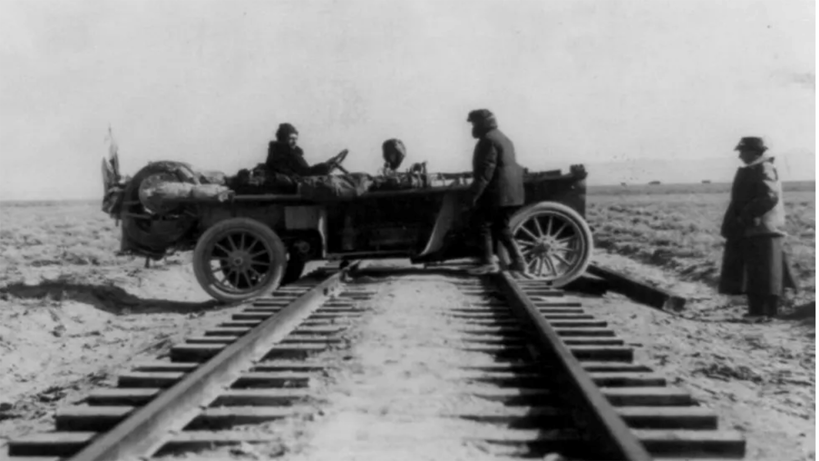When roads were not available, the competitors in the 1908 New York to Paris auto race used the railroad tracks in order to cross the difficult terrain in the Rocky Mountains. In Wyoming, they found a convenient crossing near Tie Siding.