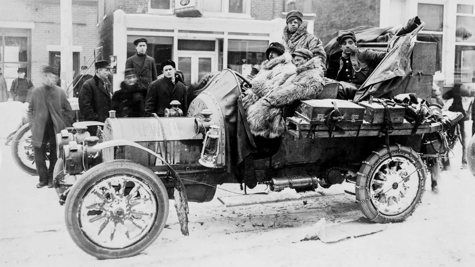 The 1908 New York to Paris competitors were greeted in the Wyoming frontier towns of Cheyenne, Rock Springs and Green River. They also met any ranchers and farmers along the way.