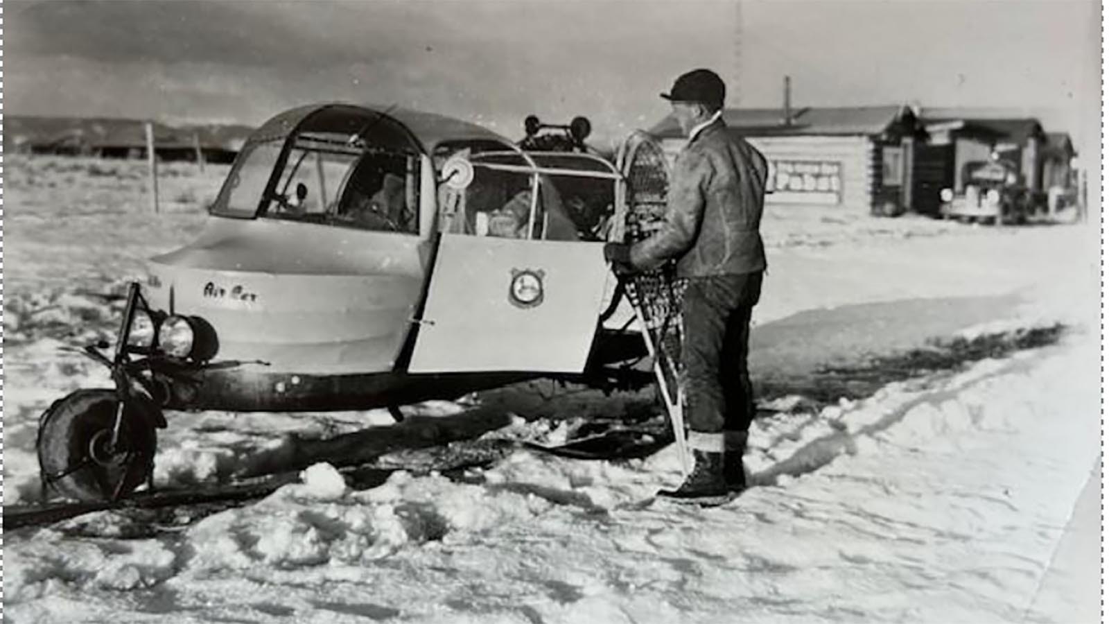 Jim Harrower used a snow plane to make this trip. He is pictured in Cora with a Wyoming Game and Fish snow plane headed to the Green River Lakes feed ground.