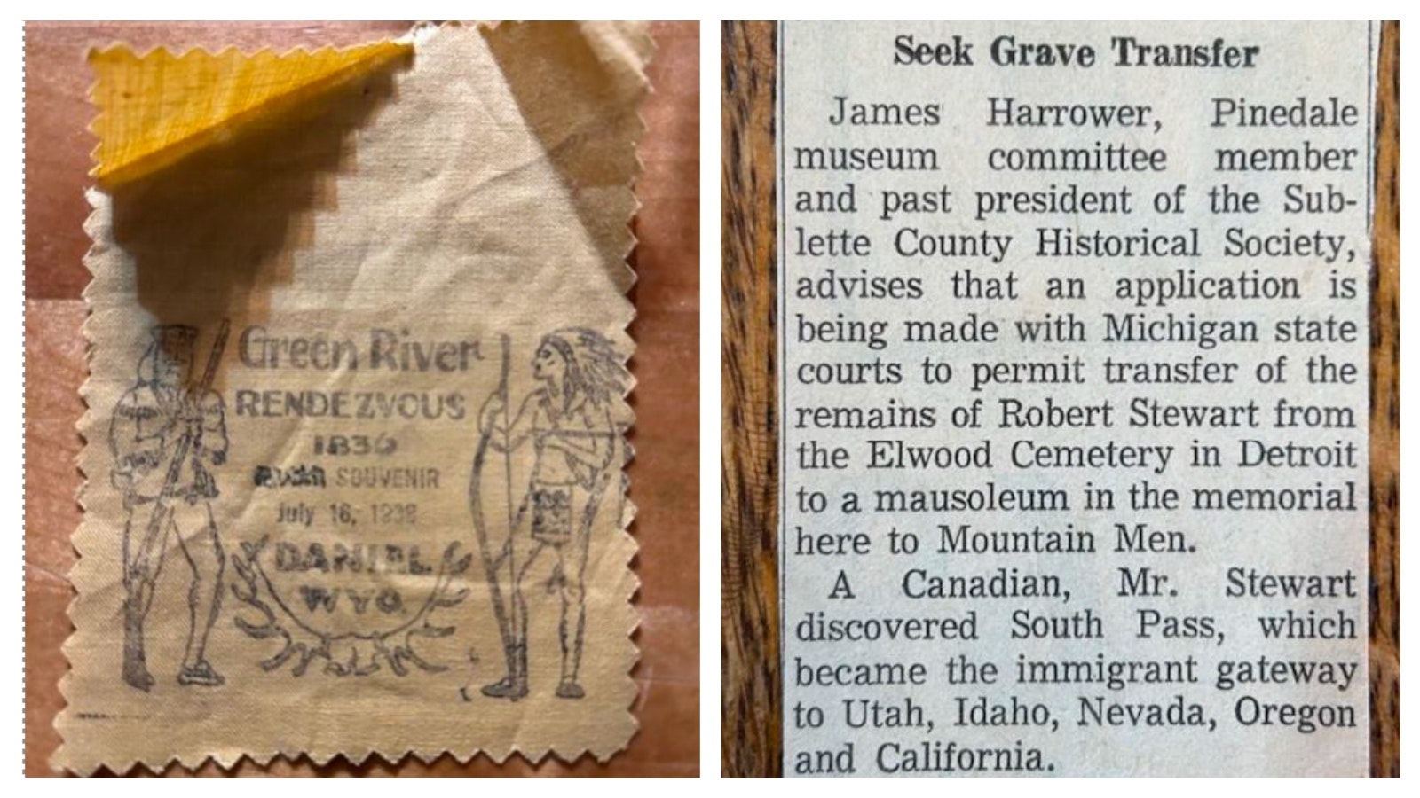 Left, Jim Harrower’s 1938 Rendezvous souvenir. Right, a description of another of Jim Harrower’s efforts to capture and memorialize the history of Wyoming.