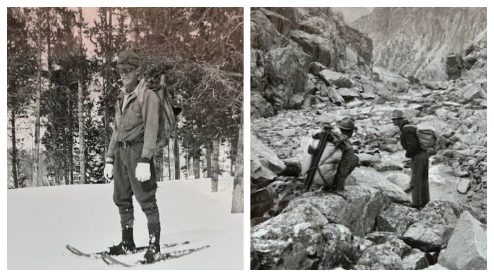 Left, Jim Harrower’s primary means of transportation while a Forest Ranger living at Willow Creek Guard Station in the winter was snowshoes. He continued using these as a Game Warden where he would travel for three days from Pinedale to the Upper Green River elk feed ground, stopping first at the Alexander Ranch and then the Steward Ranch prior to reaching the feed ground to check on two associates that remained at the feed ground all winter. Right, Harrower with Al Allard of the U.S. Geological Service conducting a mapping expedition within the Wind River Mountains.