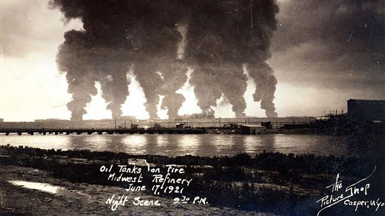 Smoke the burning oil tanks on the north side of the North Platte River can be seen blackening the sky on June 17, 1921.