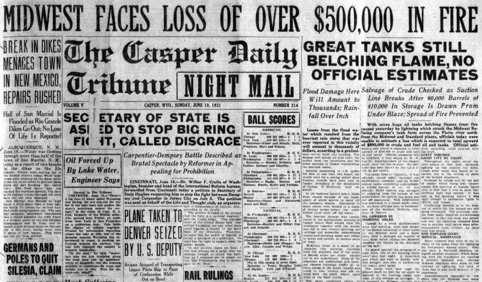 Headline in the Casper Daily Tribune on Sunday, June 19, 1921, updates readers on the oil tank fire that began on June 17.