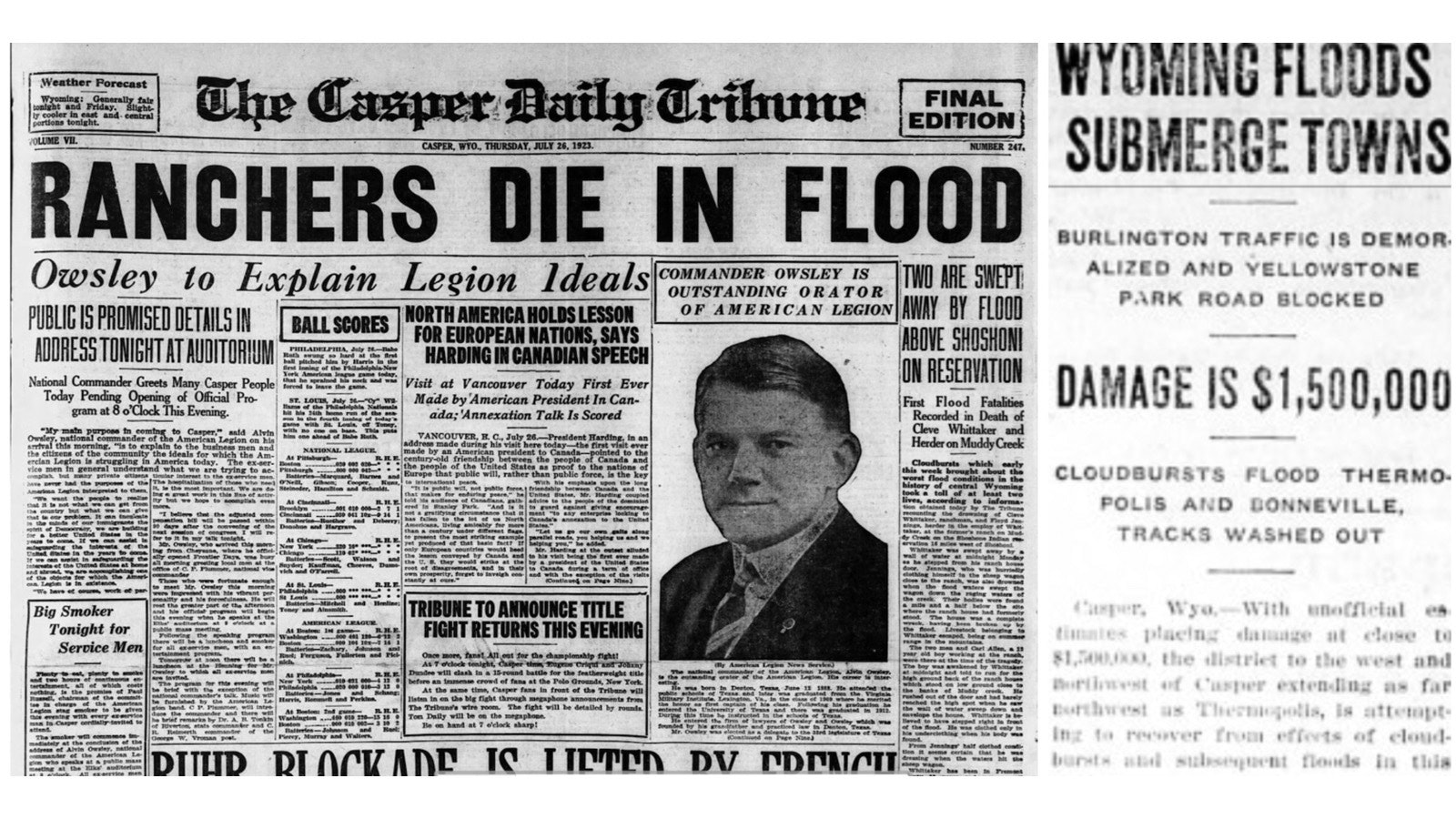 Left, two ranchers were swept away by flood waters during the late July rains in 1923. Right, the Salida Record in Salida, Colorado, took note of all the water coming down in Wyoming.