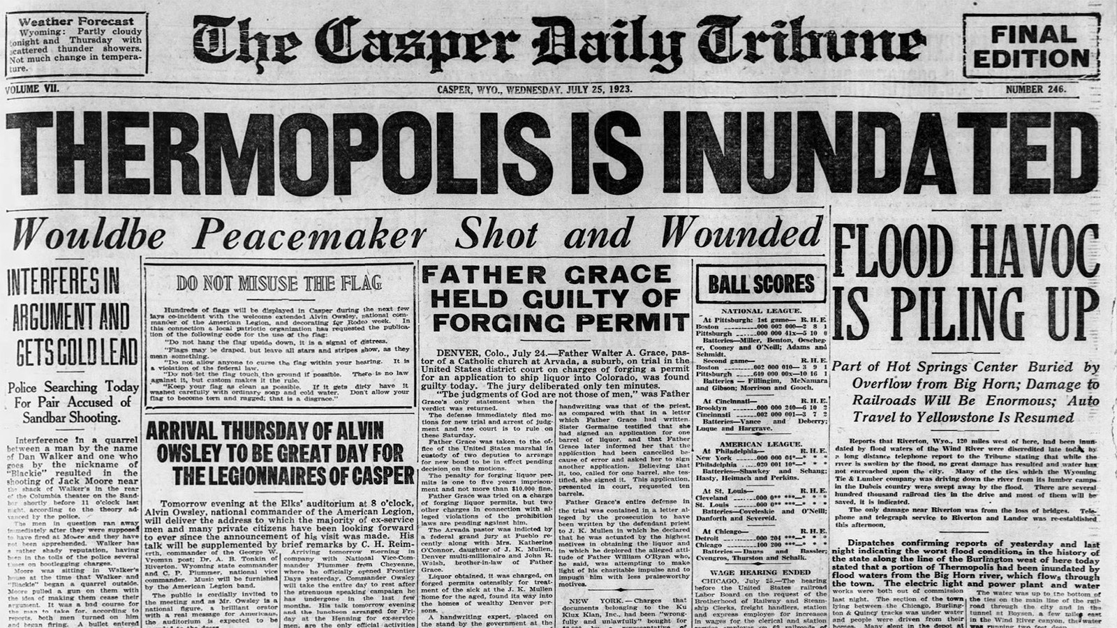 The Casper Daily Tribune carried banner headline about the effects of the torrential rains in July 1923.