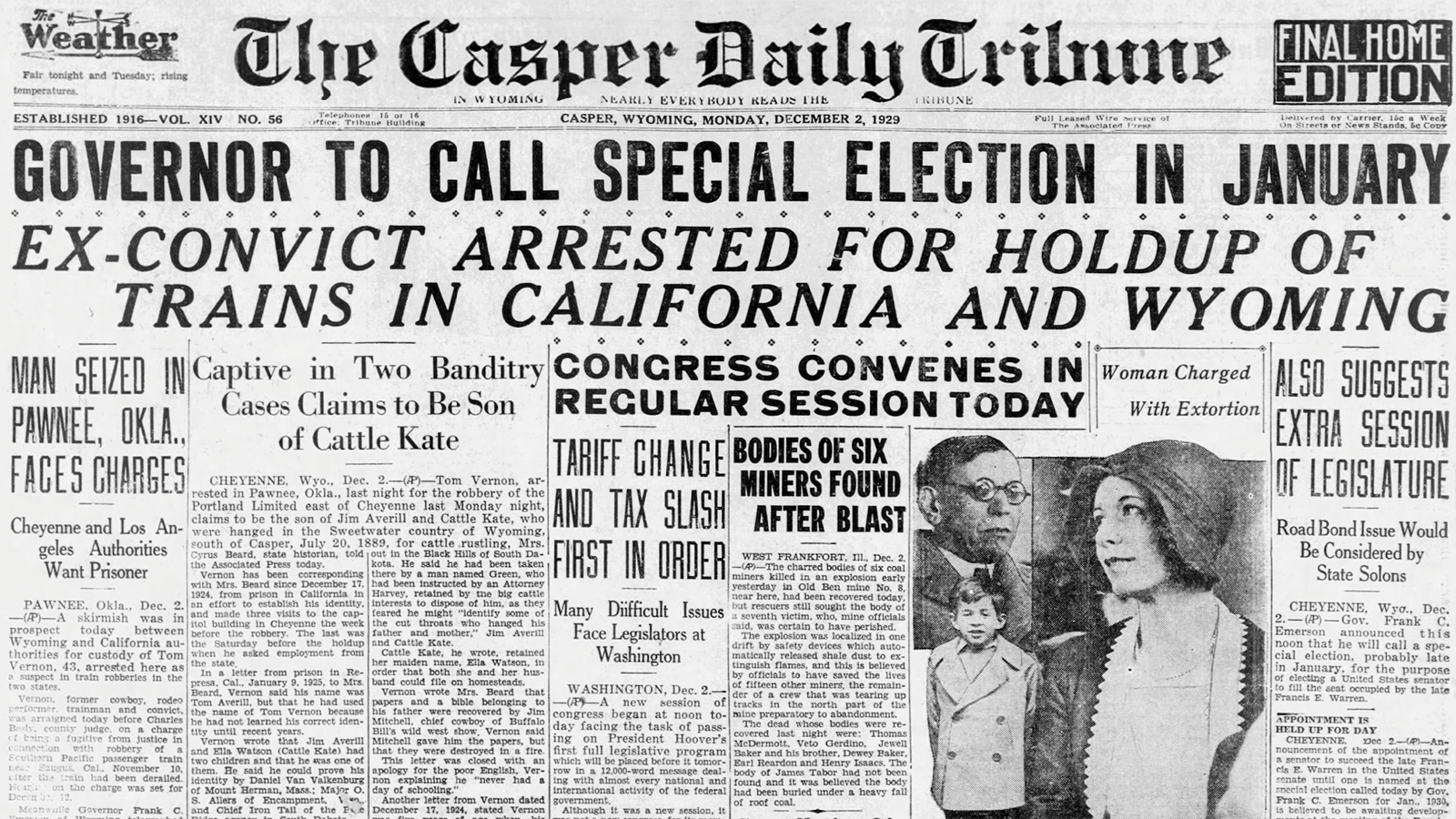 The Casper Daily Tribune uses it sub-headline to tell Wyoming readers Tom Vernon claimed to be the son of Ella Watson and Jim Averell.