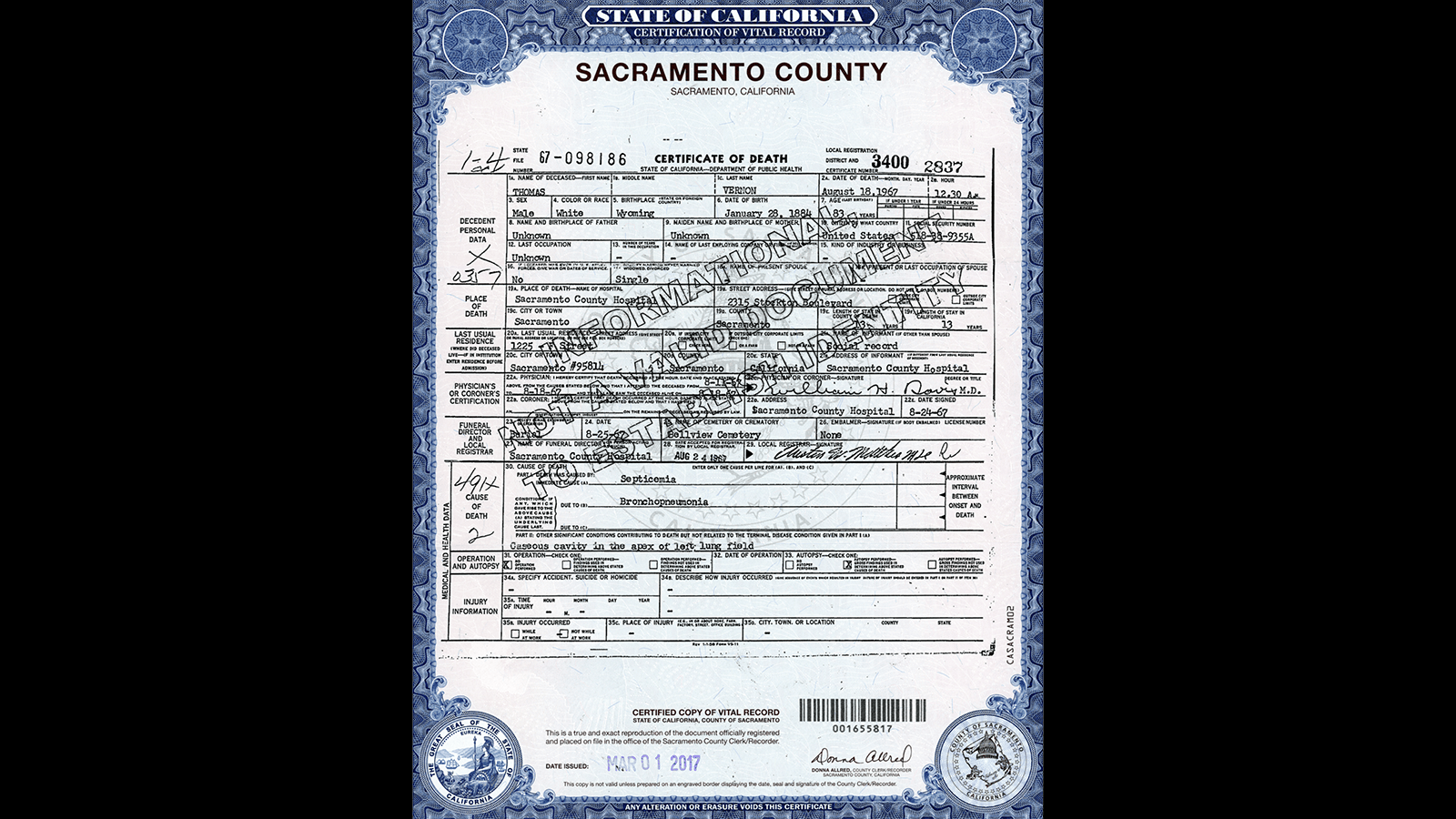 Tom Vernon’s death certificate.