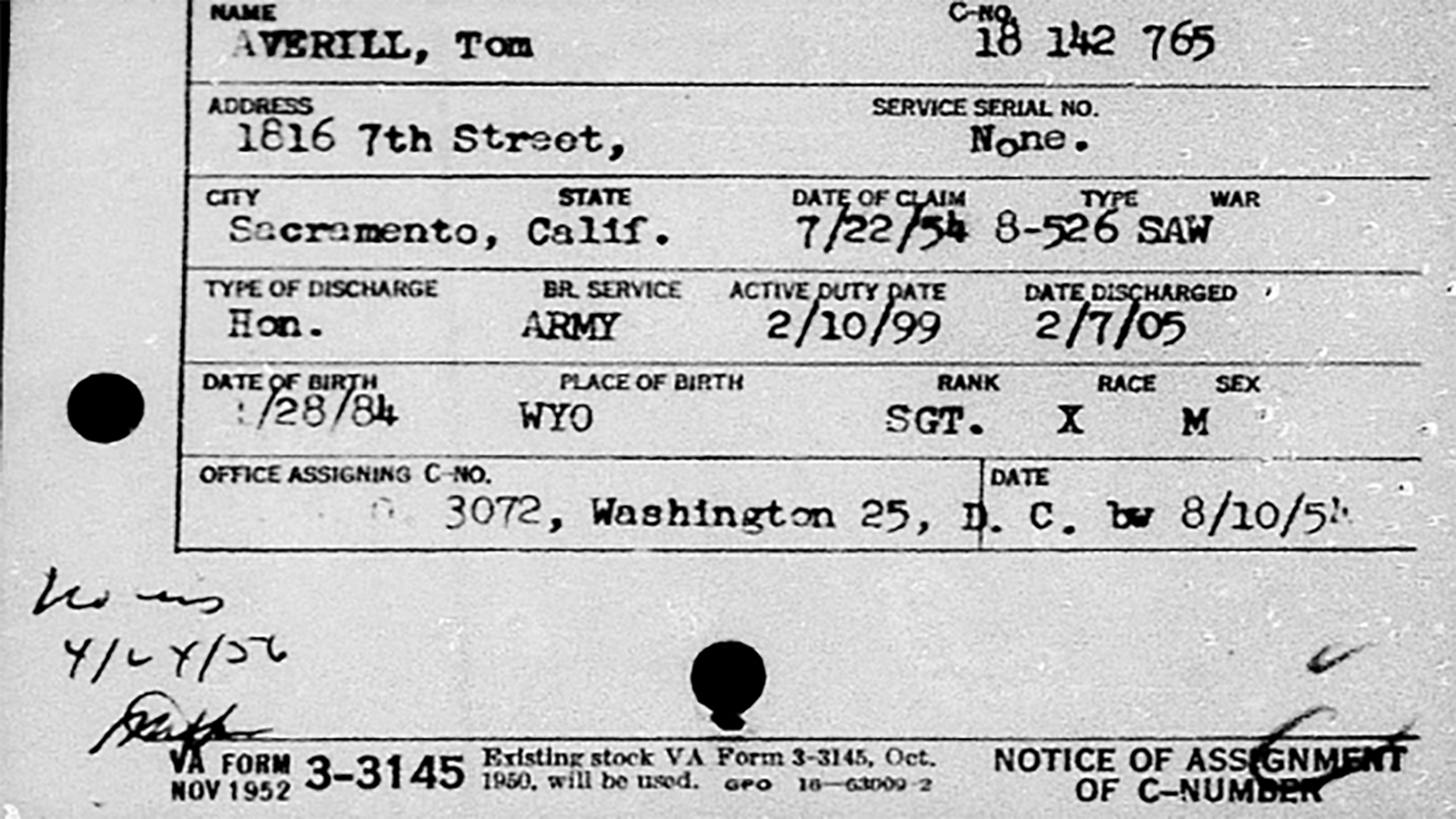 A Veterans Affairs form for Tom Averill in Sacramento, California issued in 1954.