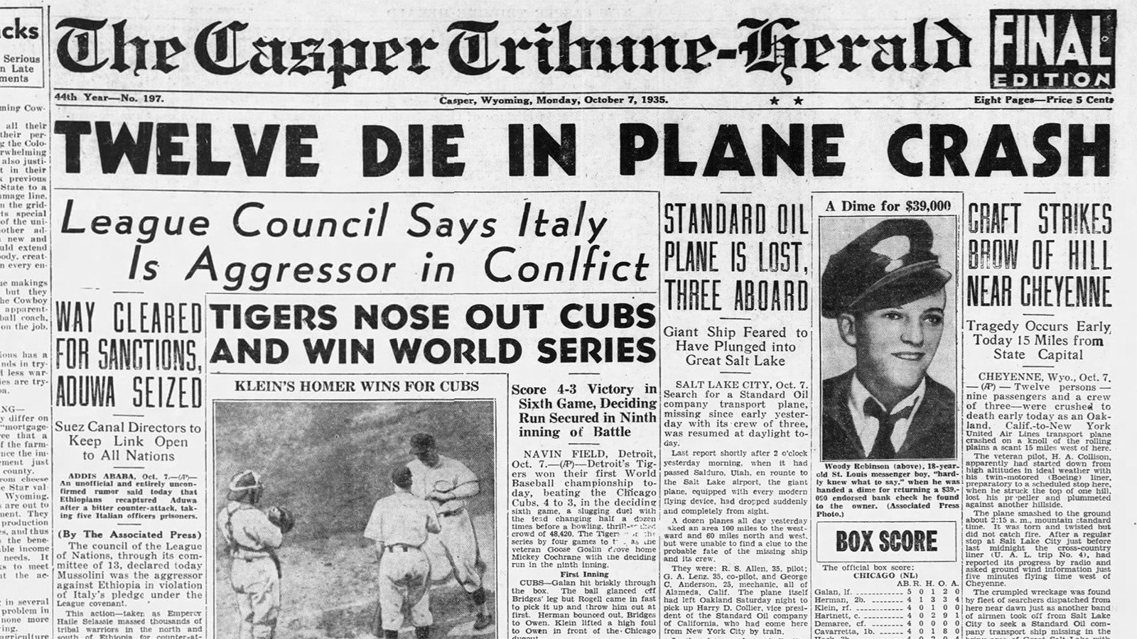 The Casper Tribune-Herald reports on the tragic loss of life near Cheyenne after a United Airlines passenger flight crashes.