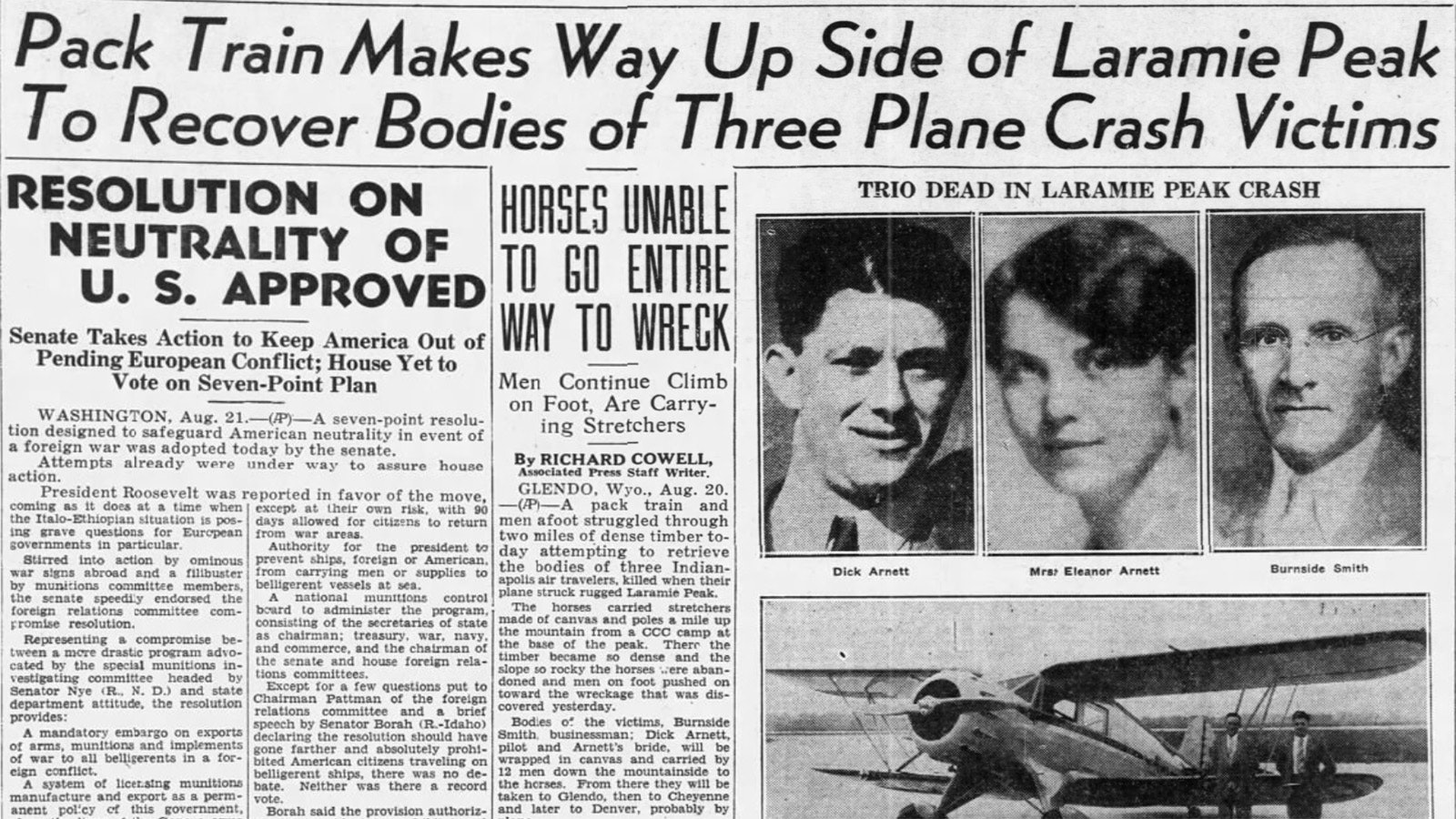 The Casper Tribune Herald reports on the crash of the Aero Mayflower Transit Company plane on Aug. 21, 1935.