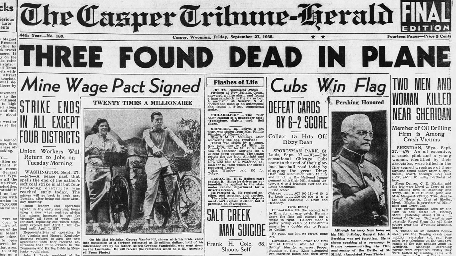 The Casper Tribune-Herald reports on the crash of a private plane in the Sheridan area that killed three in September 1935.