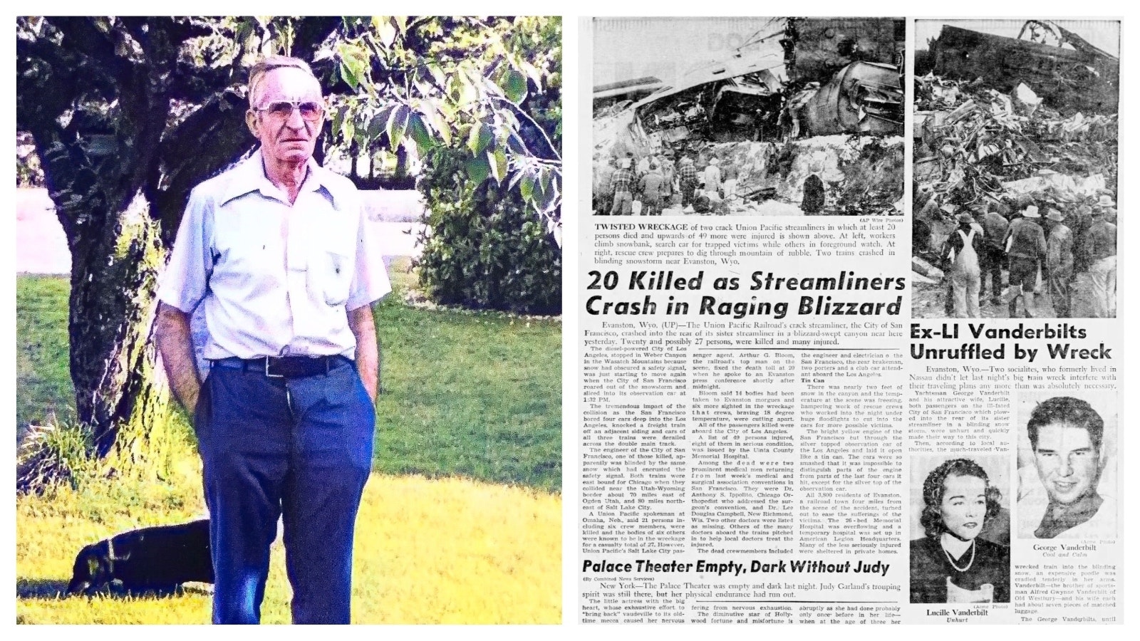 Left, John Branstiter took months to recover from his injuries in the train wreck. He sued the Union Pacific and received $17,500 from a jury. He moved to Washington State and became a TV repair man. Right, Newsday reported on a Vanderbilt heir’s near miss with death on Nov. 13. The newspaper printed the photo of George Washington Vanderbilt III’s first wife. He was already married to his second.