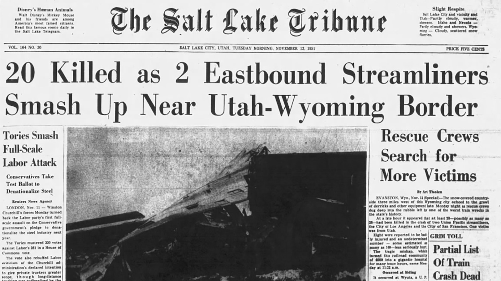 The Salt Lake Tribune on Nov. 13, 1951, had several headlines related to the train wreck.