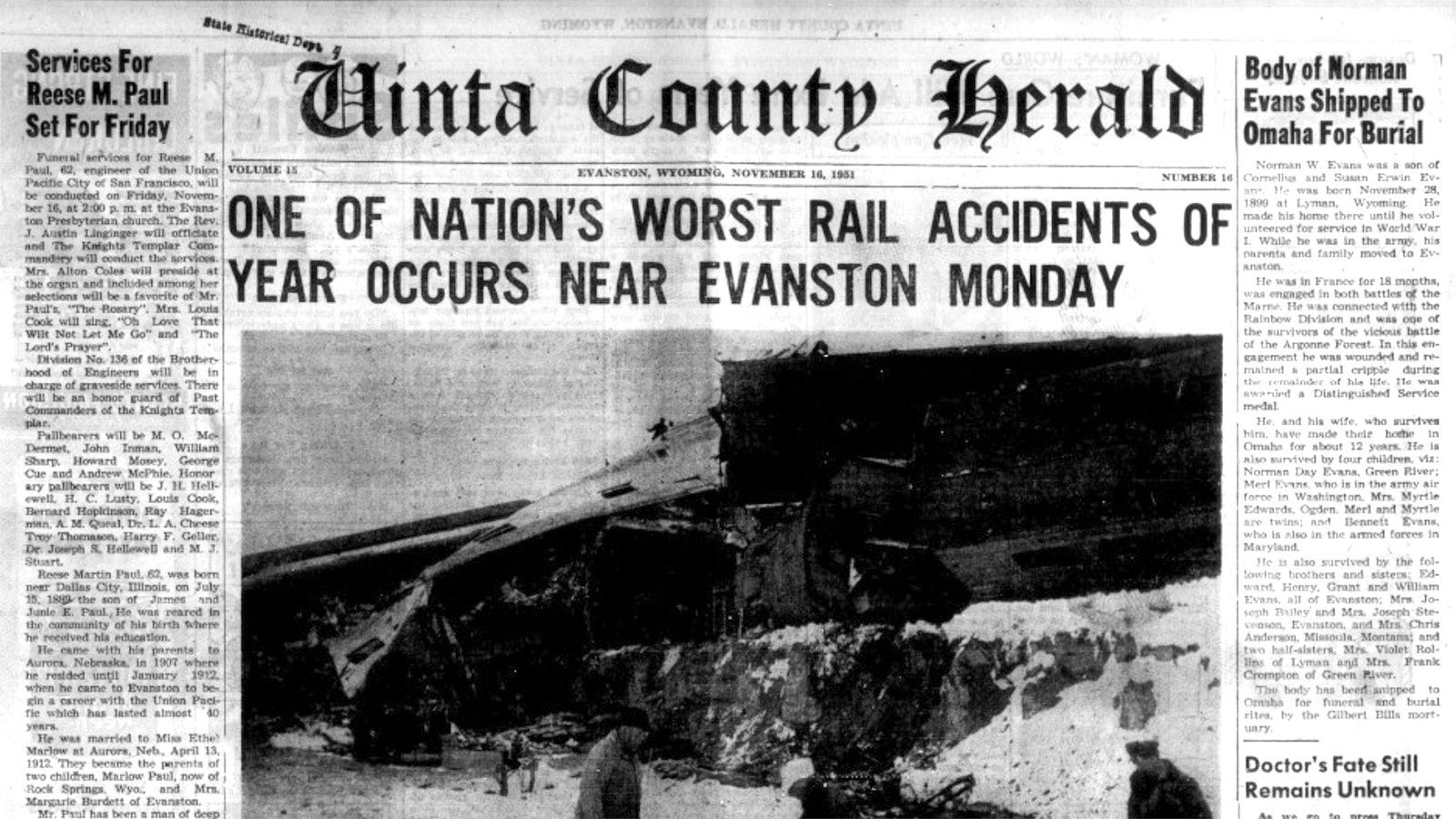 The Uinta County Herald had extensive coverage of the train wreck just west of its city.