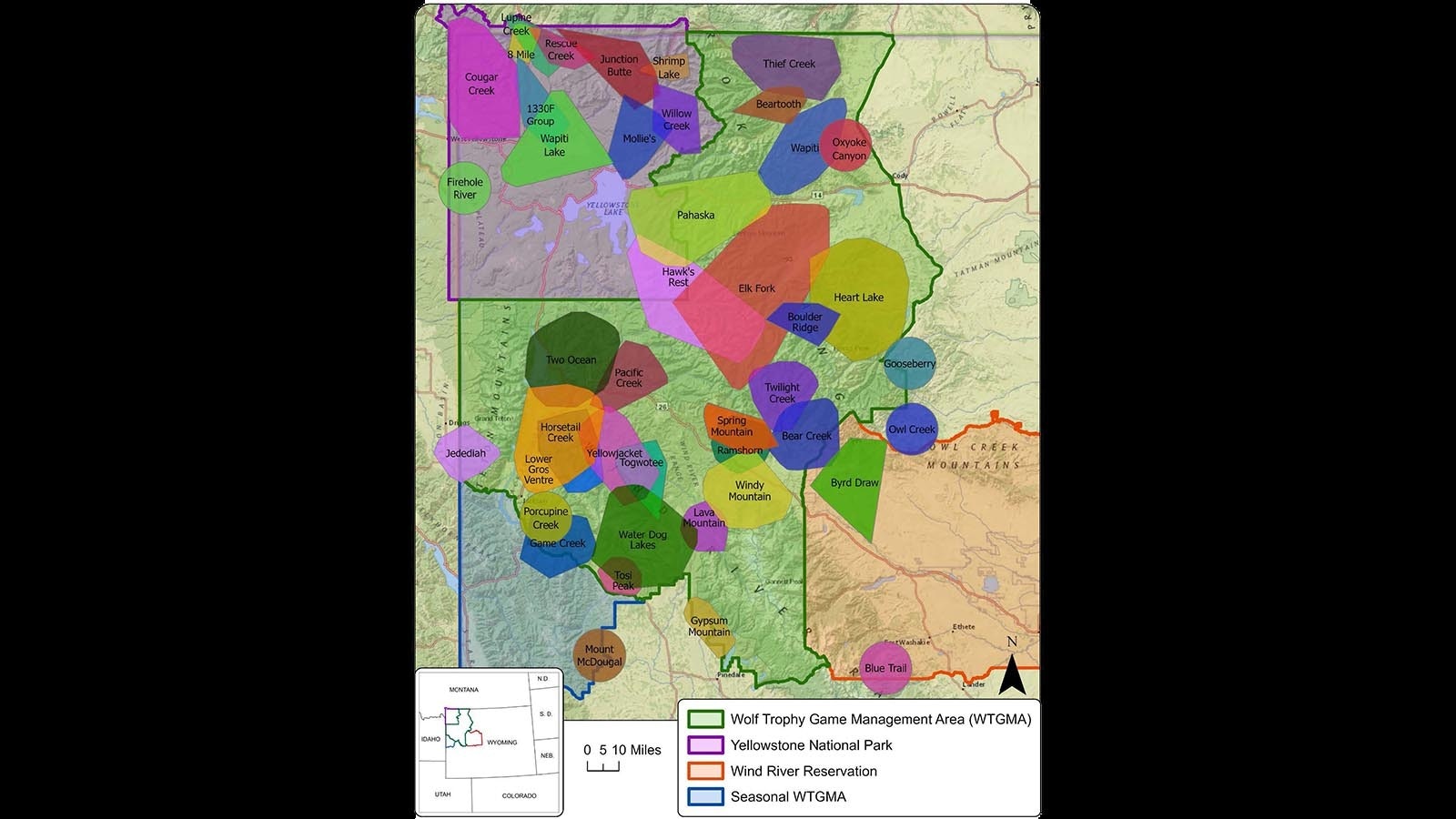 A diagram showing Wyoming's various wolf packs and territories.