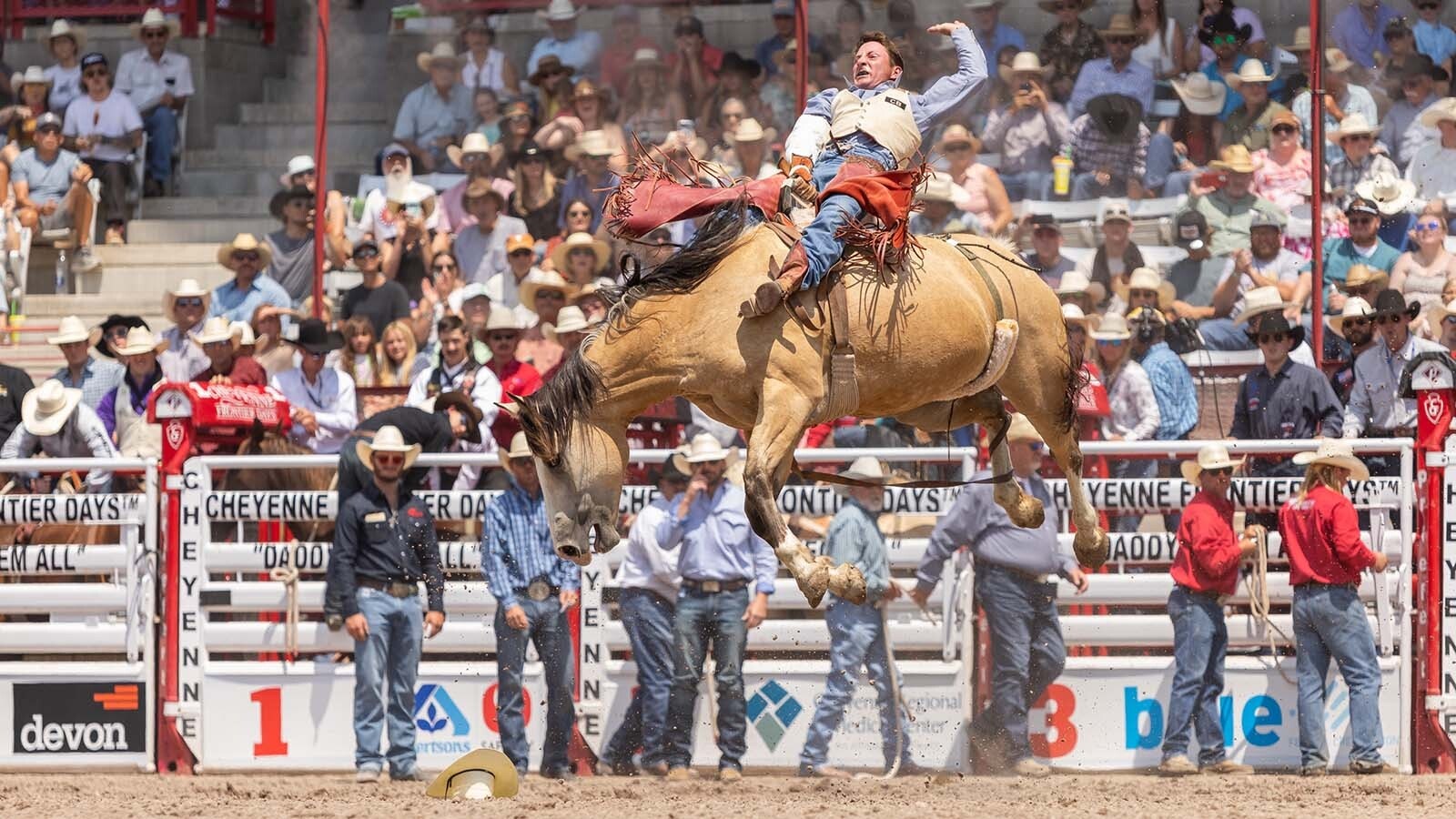 Bareback riding during the rodeo at the 2024 Cheyenne Frontier Days.