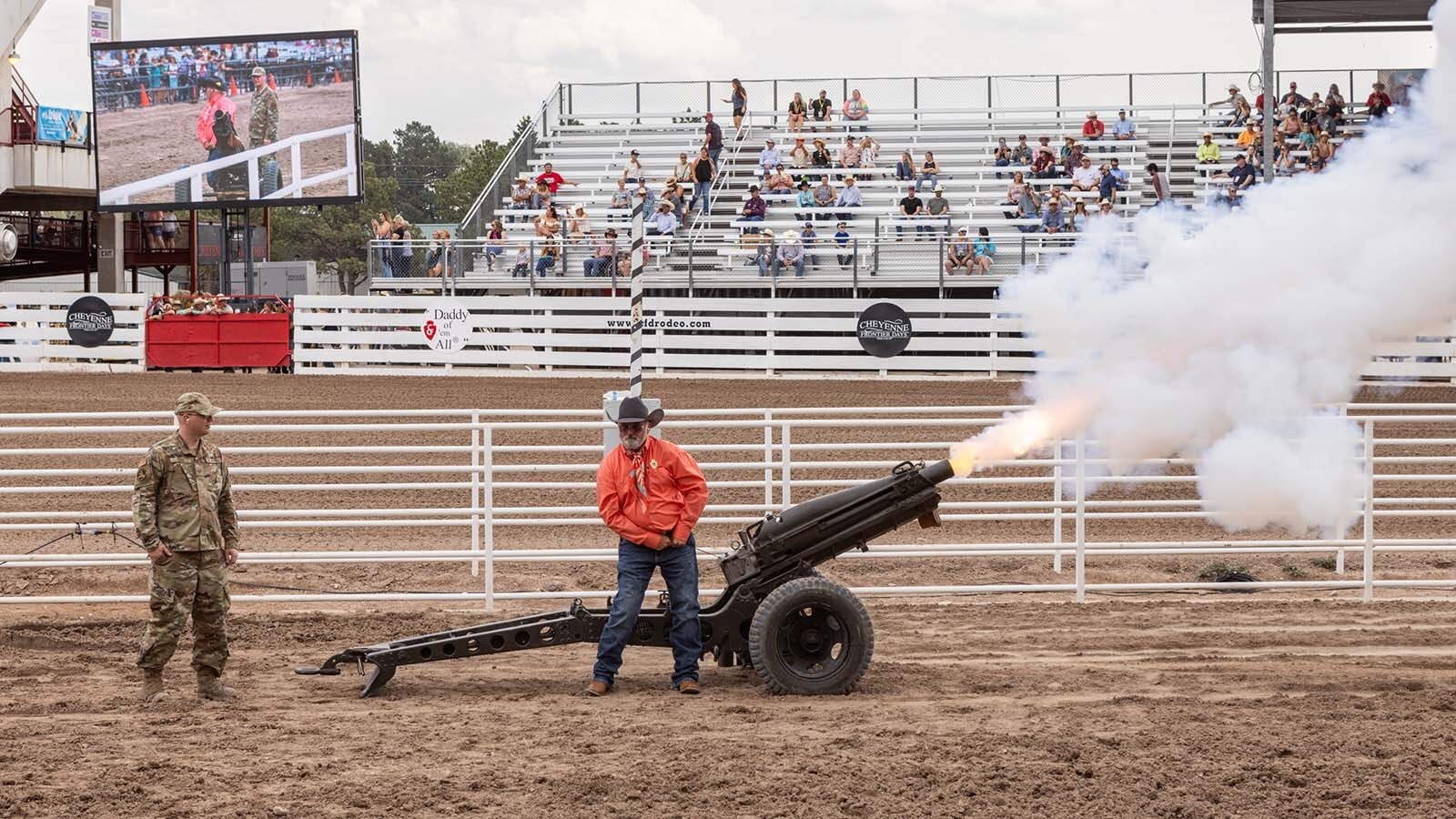 A cannon is fired during the Grand Entrance at the 2024 Cheyenne Frontier Days.