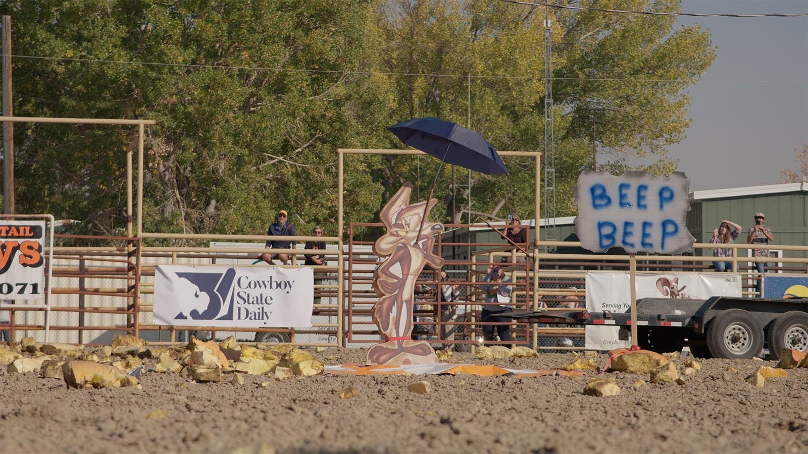 A cutout of Wile E. Coyote awaits a giant pumpkin to be dropped from above on Oct. 5, 2024.