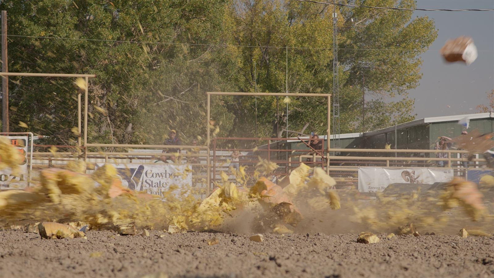 A giant, 1,285-pound pumpkin impacts a cutout of Wile E. Coyote at the Washakie Fairgrounds on Oct. 5, 2024.