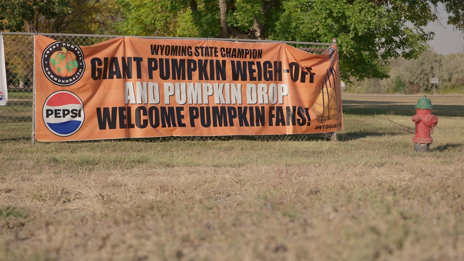 A banner promoting the Wyoming State Champion Giant Pumpkin Weigh-Off is pictured outside the Washakie Fairgrounds on Oct. 5, 2024.