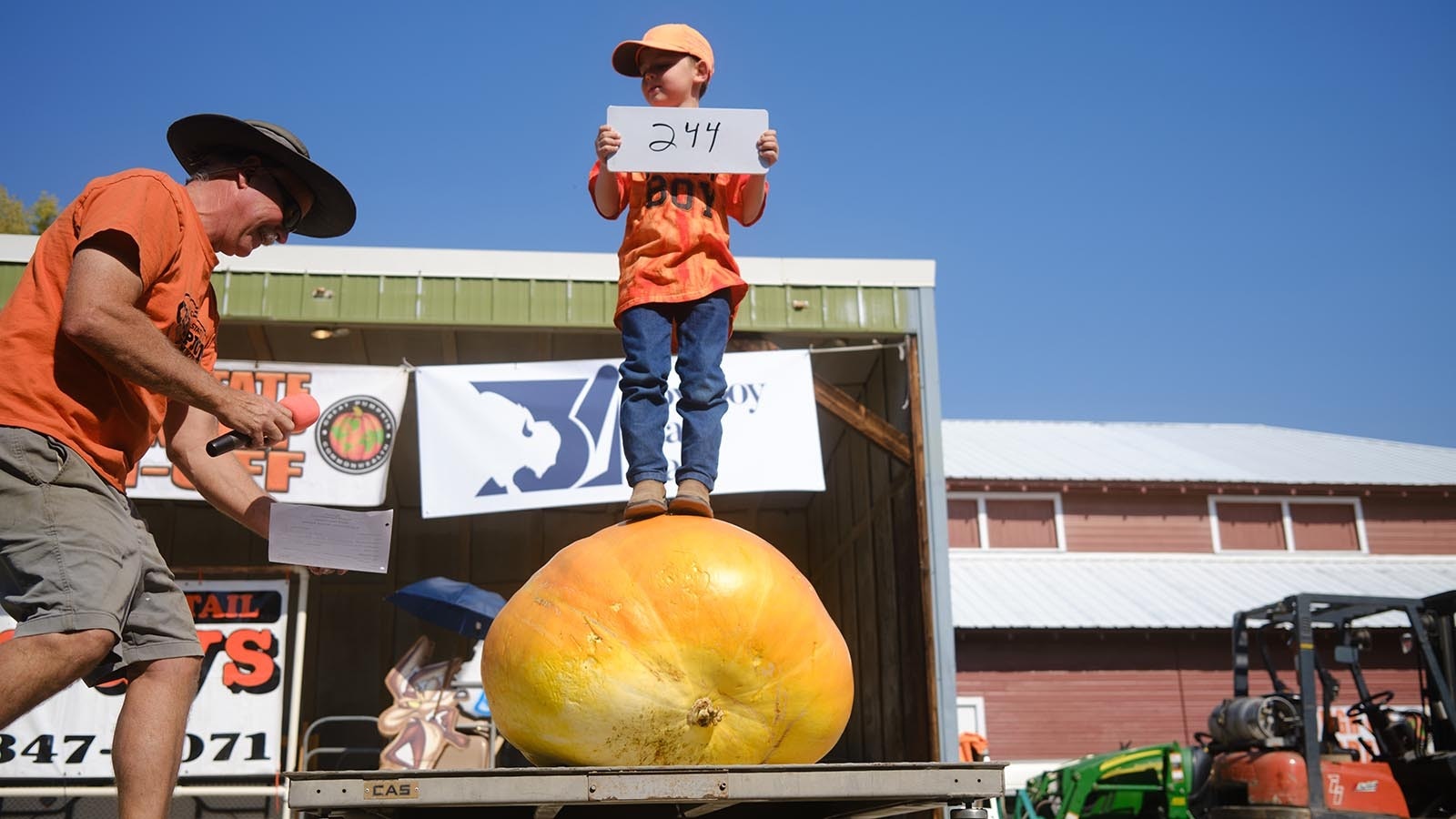 Six-year-old Ethan Mills shows off his 244-pound pumpkin at the 2024 Wyoming State Pumpkin Weigh-Off Crowd on Oct. 5, 2024.