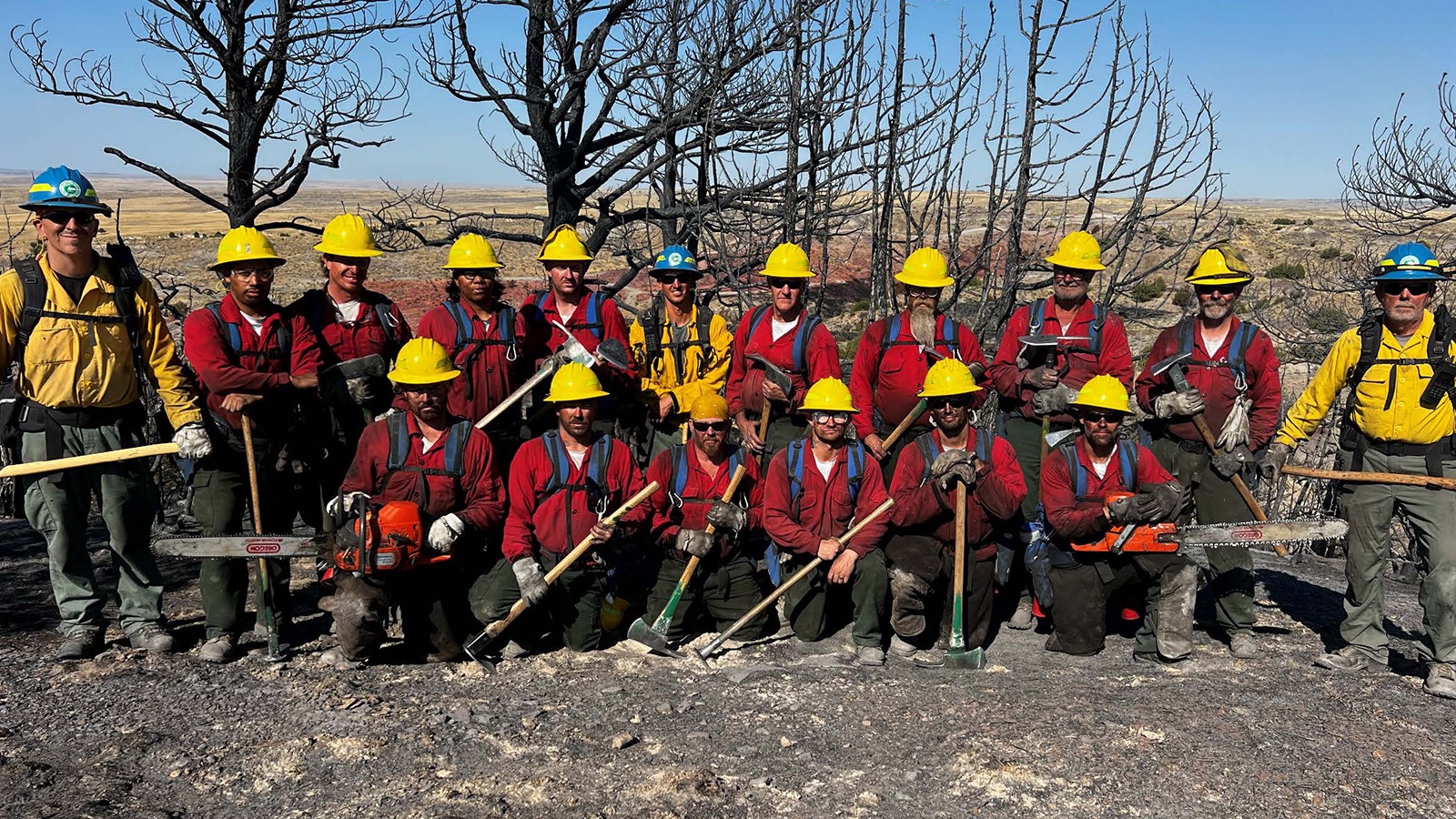 The 2024 Wyoming Smokebusters, back row from left: Crew Supervisor Shawn Ankeny, Robert Zaragoza, Sheldon Buckingham, Bryce Teran, John Murphy, Module Leader Jeremy Deplitch, Joshua Cole, Randy Stephens, Walter Eiden, Kevin Brown and Crew Supervisor Lee Loberg. Front row: Jared Millard, Christopher Robertson, Zachary Manning, Tyler Jones, James Skinner and Jeremiah Carson.