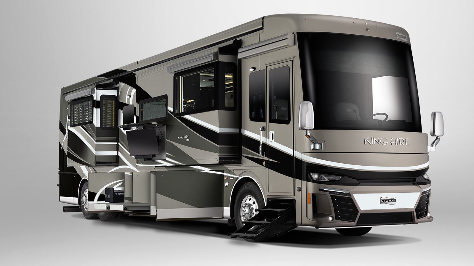 The newest Newmar King Aire motor home starts at $1.6 million, but can be much more expensive with add-ons. In this photo, its poppets and outside amenities are exposed.