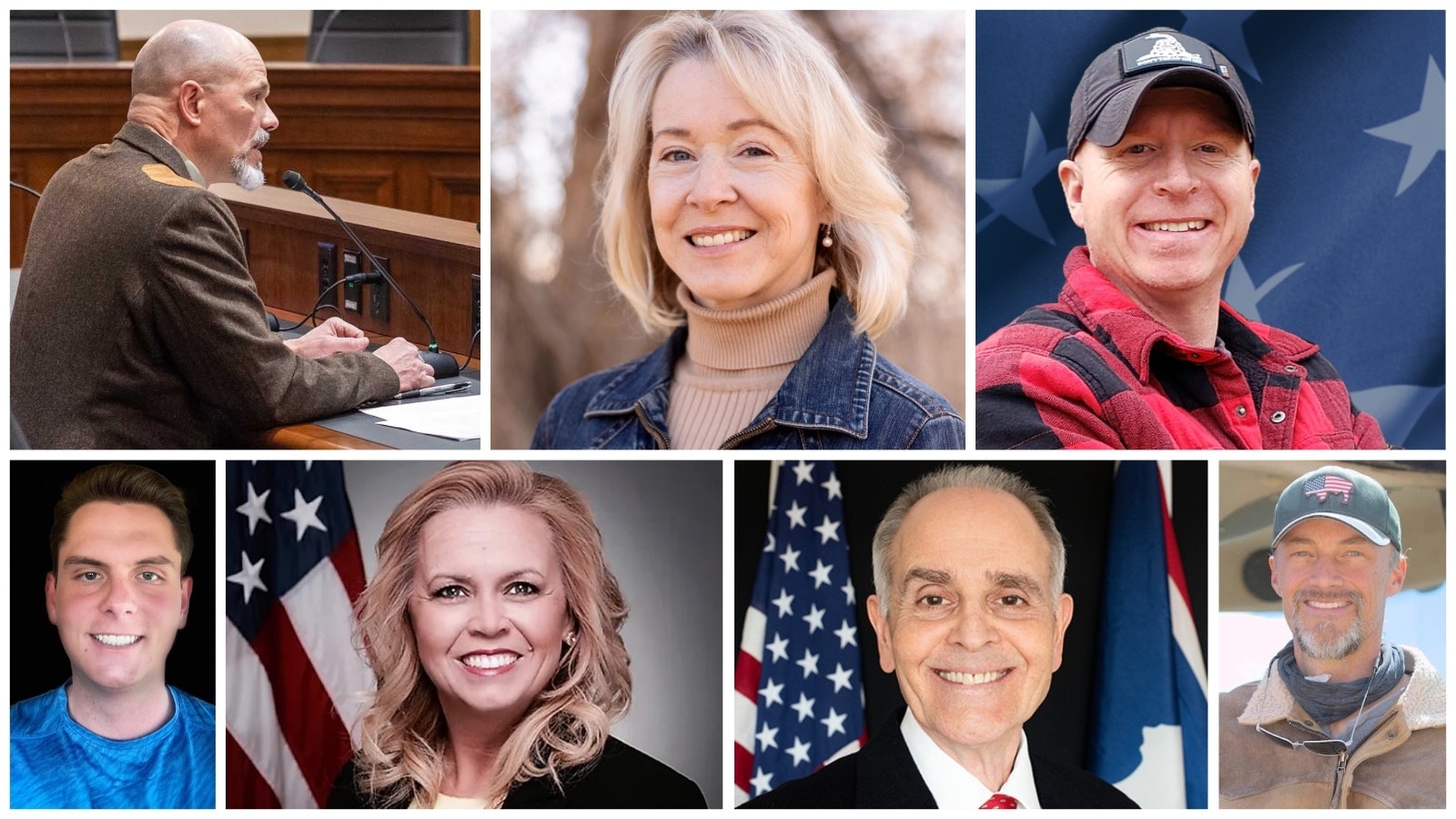 A number of candidates and incumbents who've lived in Wyoming five years or less are running for office this year, including, from left: Top: Mark Jones, Laurie Bratten and Tom Olmstead. Bottom: Cayd Batchelor, Pamela Mertens, Joe Giustozzi and Marc Torriani.