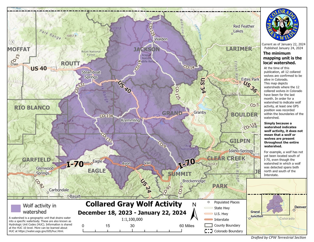 This map shows where gray wolves have been active in Colorado from Dec. 18 through Jan. 22, coming close to the Wyoming border to the north.