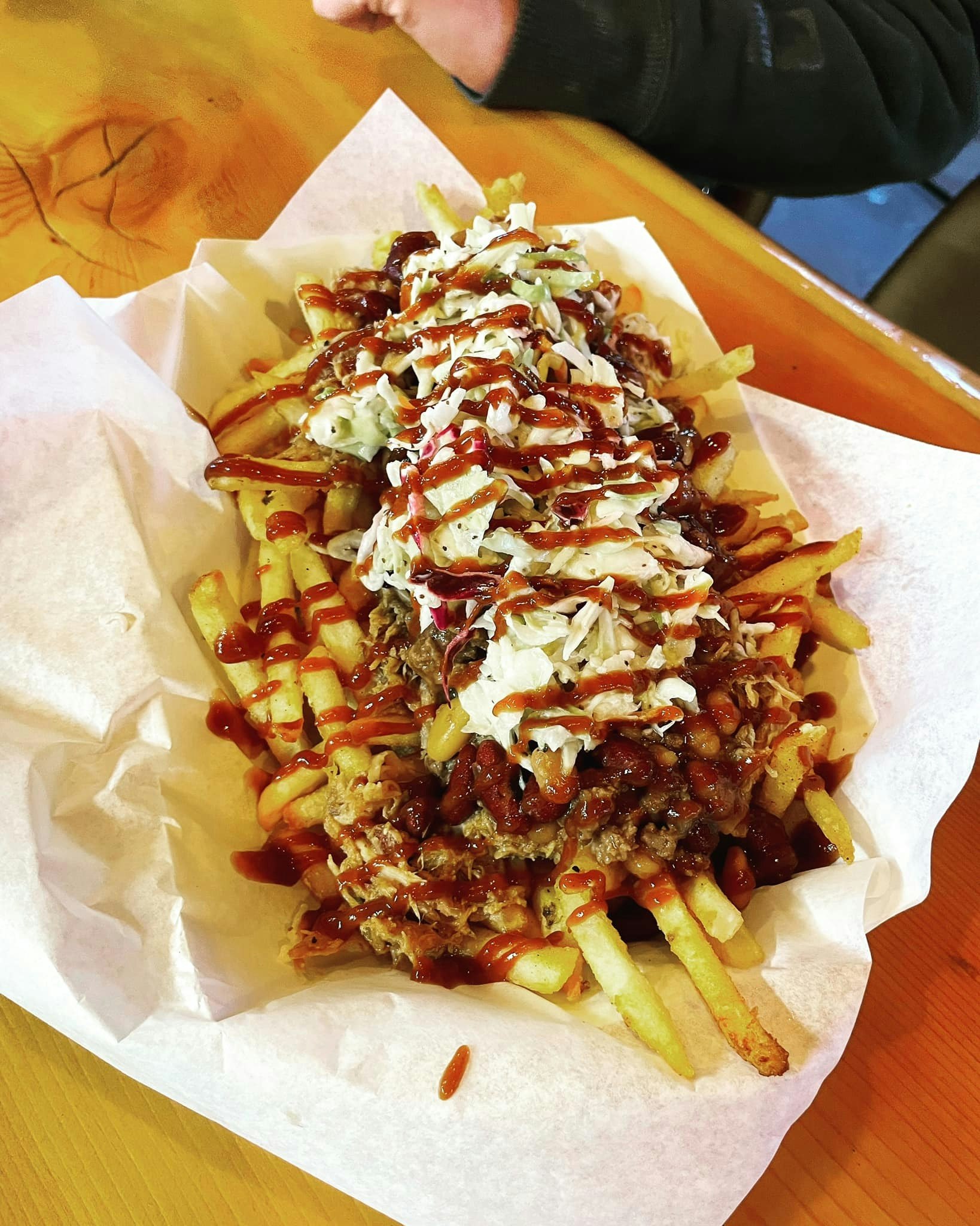 The dirty fries come with brisket or pulled pork.