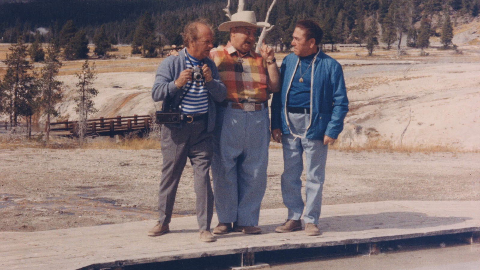 The Three Stooges while filming at Yellowstone's Old Faithful in 1969.
