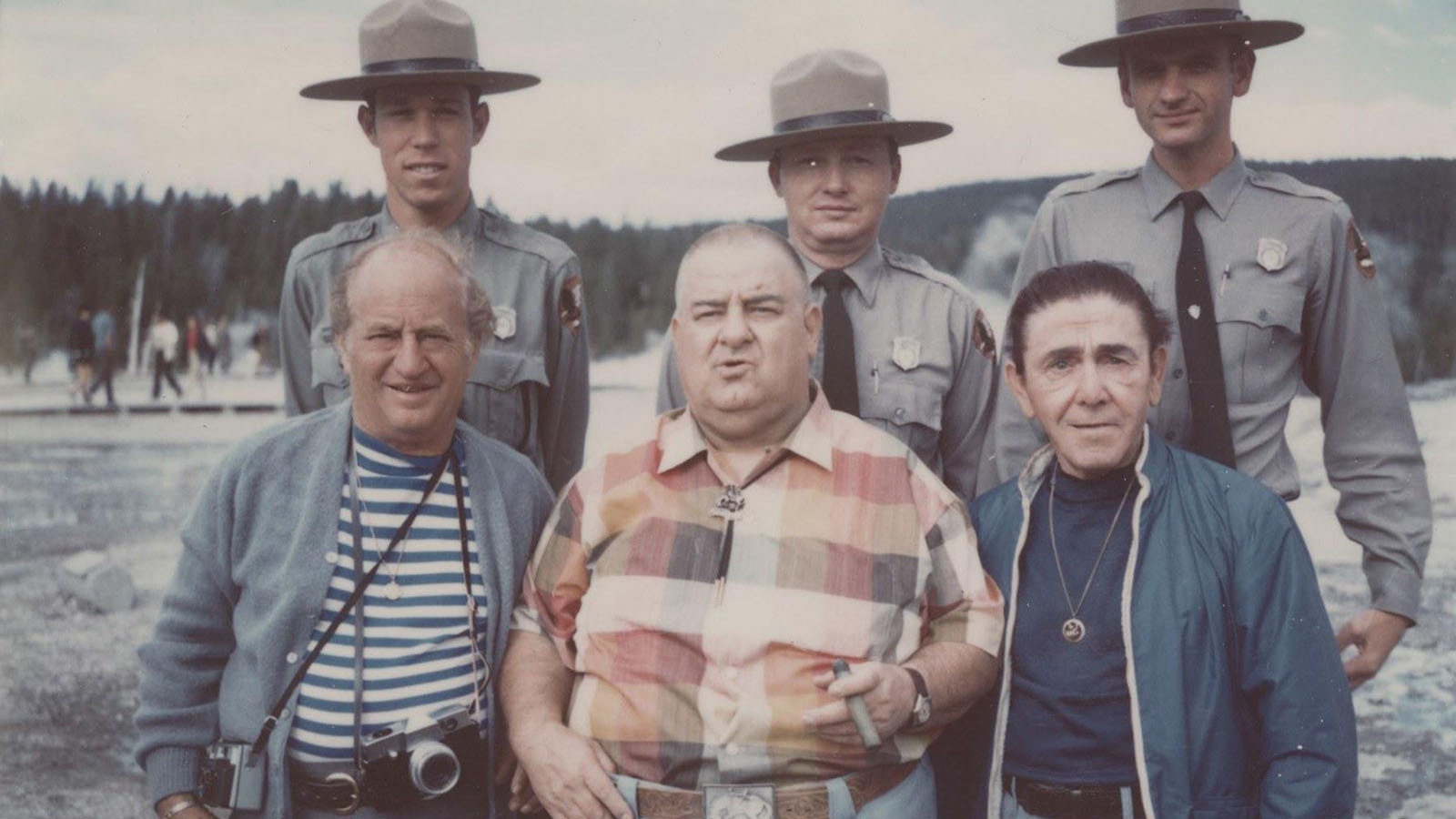 Larry Fine, Joe DeRita and Moe Howard — aka The Three Stooges — pose with Yellowstone rangers R. Schultz, Stewart Orgill and S. Connelly at Old Faithful during their 1969 visit. It was the first time the Three Stooges had filmed on location rather than on a soundstage or ranch in California.