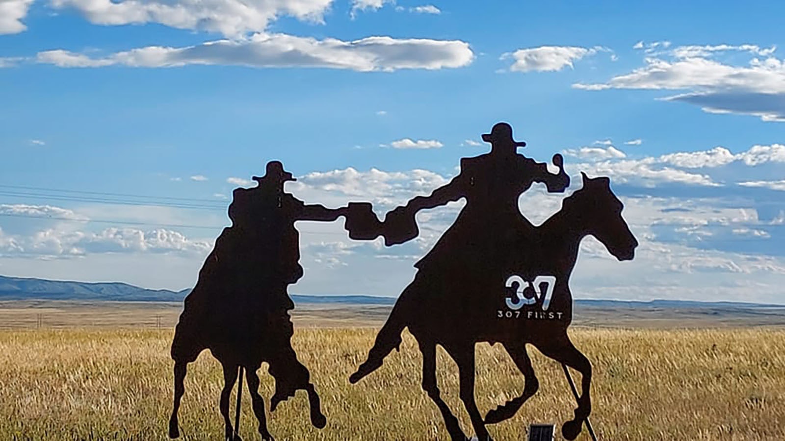 A 307 First steel silhouette of a Pony Express rider installed between Casper and Shoshoni.