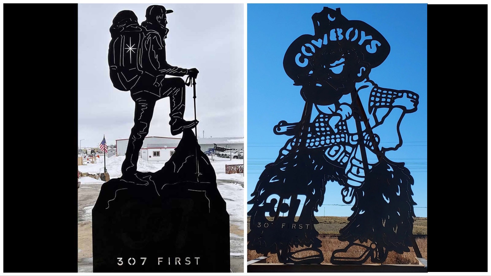 A hiker created for 307 First by Tom Ford. Each silhouette is sponsored by a Wyoming company and placed on property owned by Wyoming residents. Also shown is Cowboy Joe.