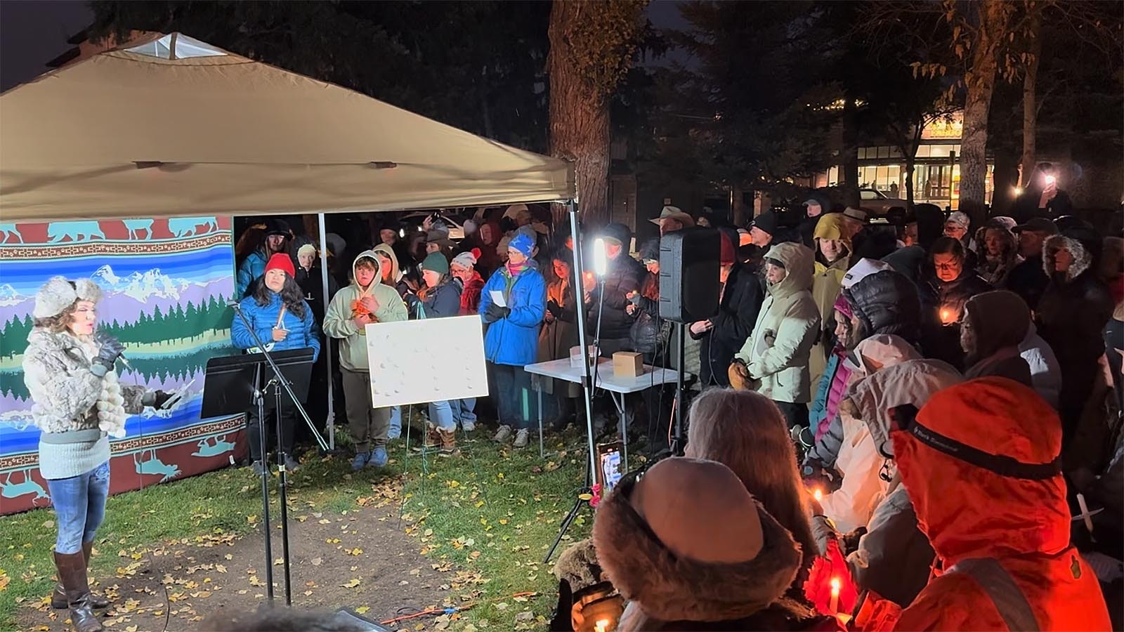 Lynnette Turner-Parry sings "What A Wonderful World" during a candlelight vigil for Grizzly 399 on Nov. 2, 2024, in Jackson, Wyoming.