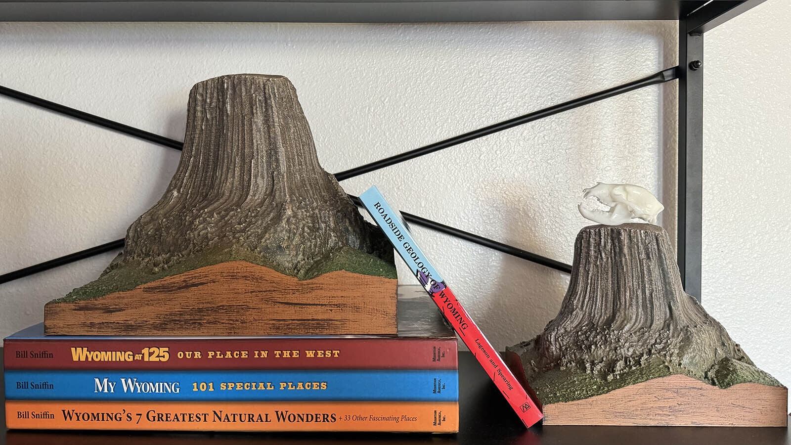 Two 3D prints of Devils Tower adorn a bookshelf. These prints were created with a LIDAR model created by the US Geological Survey. The three-inch grizzly skull on the smaller Devils Tower is a scan of a real skull printed in resin at a much smaller scale.
