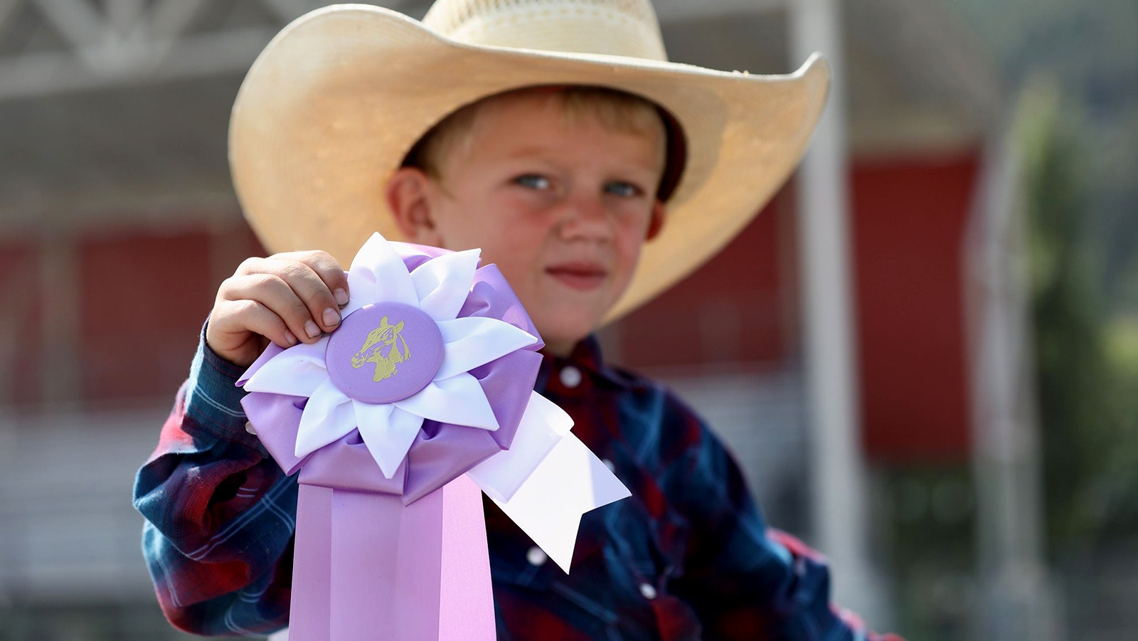 A young 4-H member shows off a ribbon he won at the Teton County Fair.