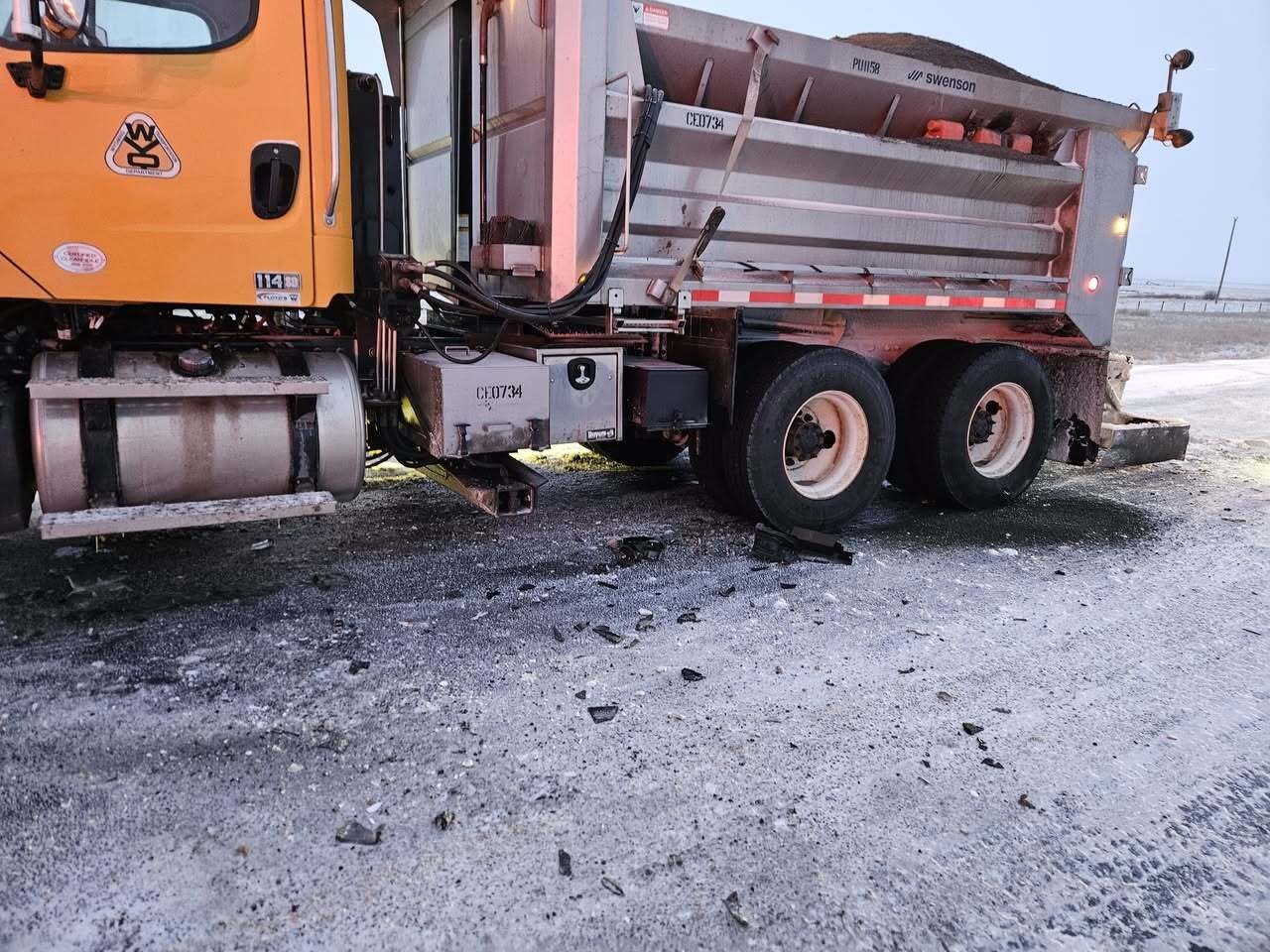 A WYDOT plow truck after being hit by an SUV traveling the wrong way on US 30/287 north of Laramie on Saturday morning. The plow at the front of the truck was totaled, which could cost around $26,000 to replace.