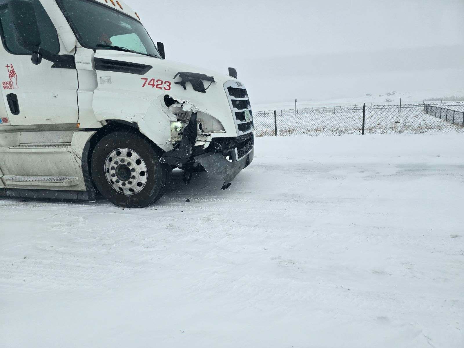 The damage sustained by a semi-truck after read-ending a WYDOT snowplow truck on I-80 Saturday morning. The costs to repair and replace the damaged sander will come from the driver's insurance.