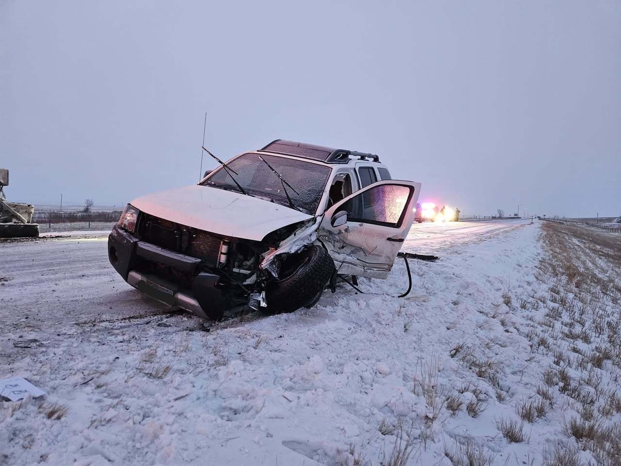 The SUV that crashed into the front of a WYDOT snowplow truck on Saturday morning. The driver was taken to a nearby hospital for injuries sustained in the crash, which totaled the snowplow. The WYDOT driver was unharmed.