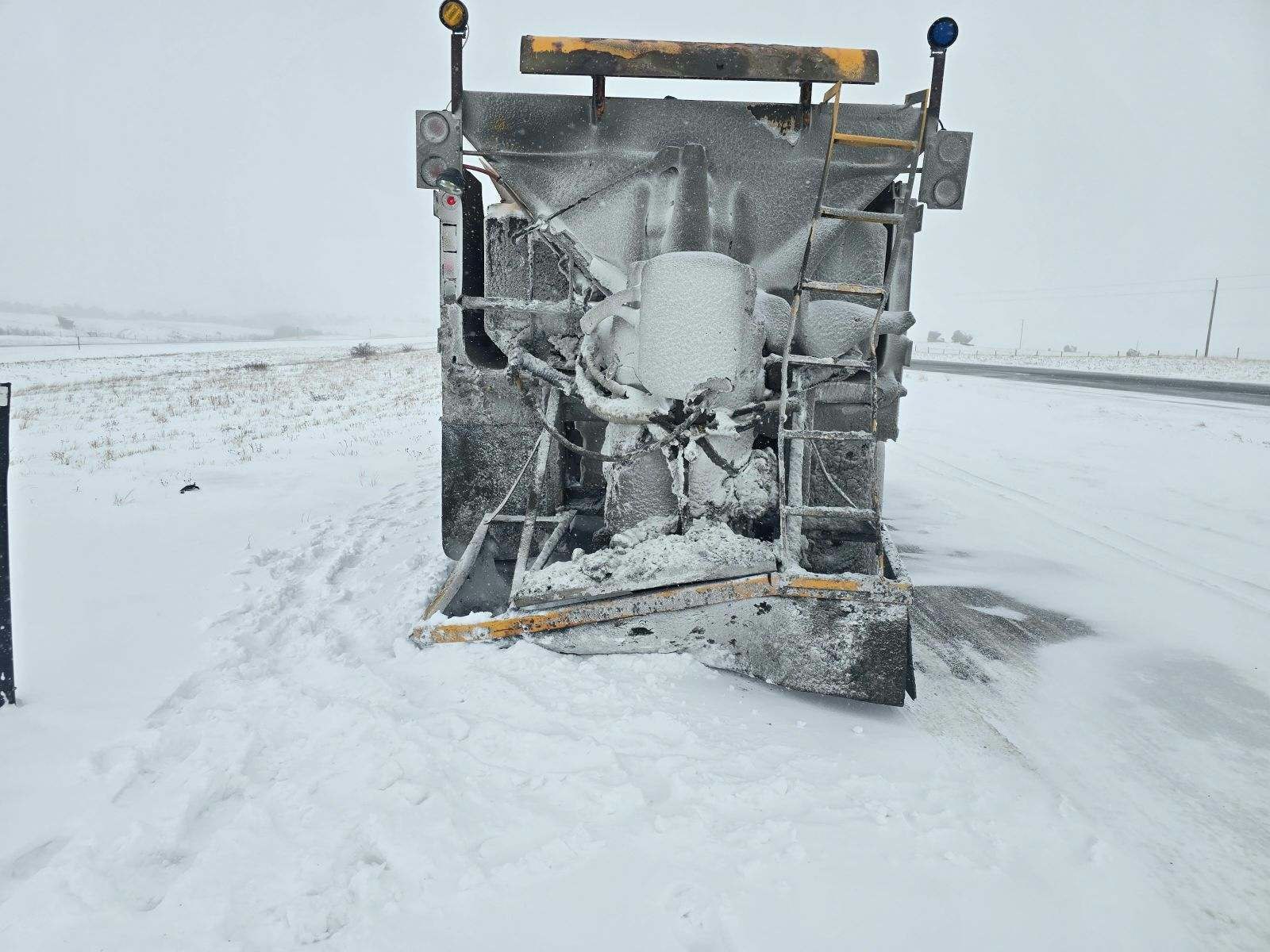 The "extensive damage" sustained by a WYDOT sander after the truck was hit from behind by a semi-truck. WYDOT doesn't have a surplus of sanders in its workshops, so replacing these units takes time when they're needed to keep highways clear of snow and ice.