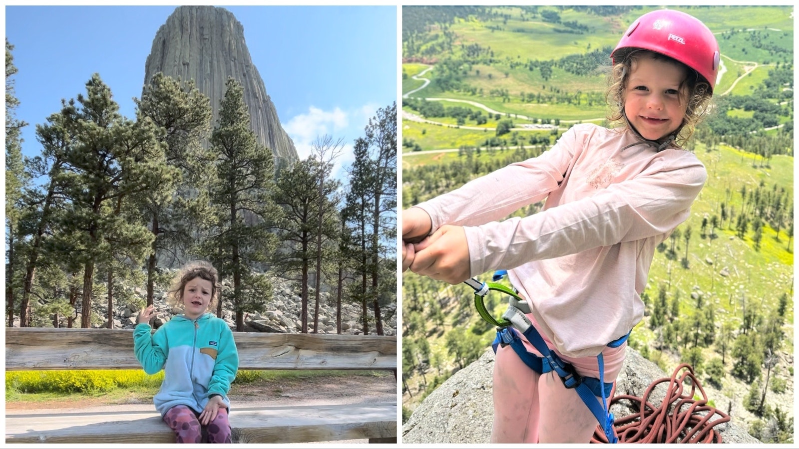 Alice Galy, 6, talks about her pending attempt to climb Devils Tower at left, then is all smiles attached to a rope near the top, right.