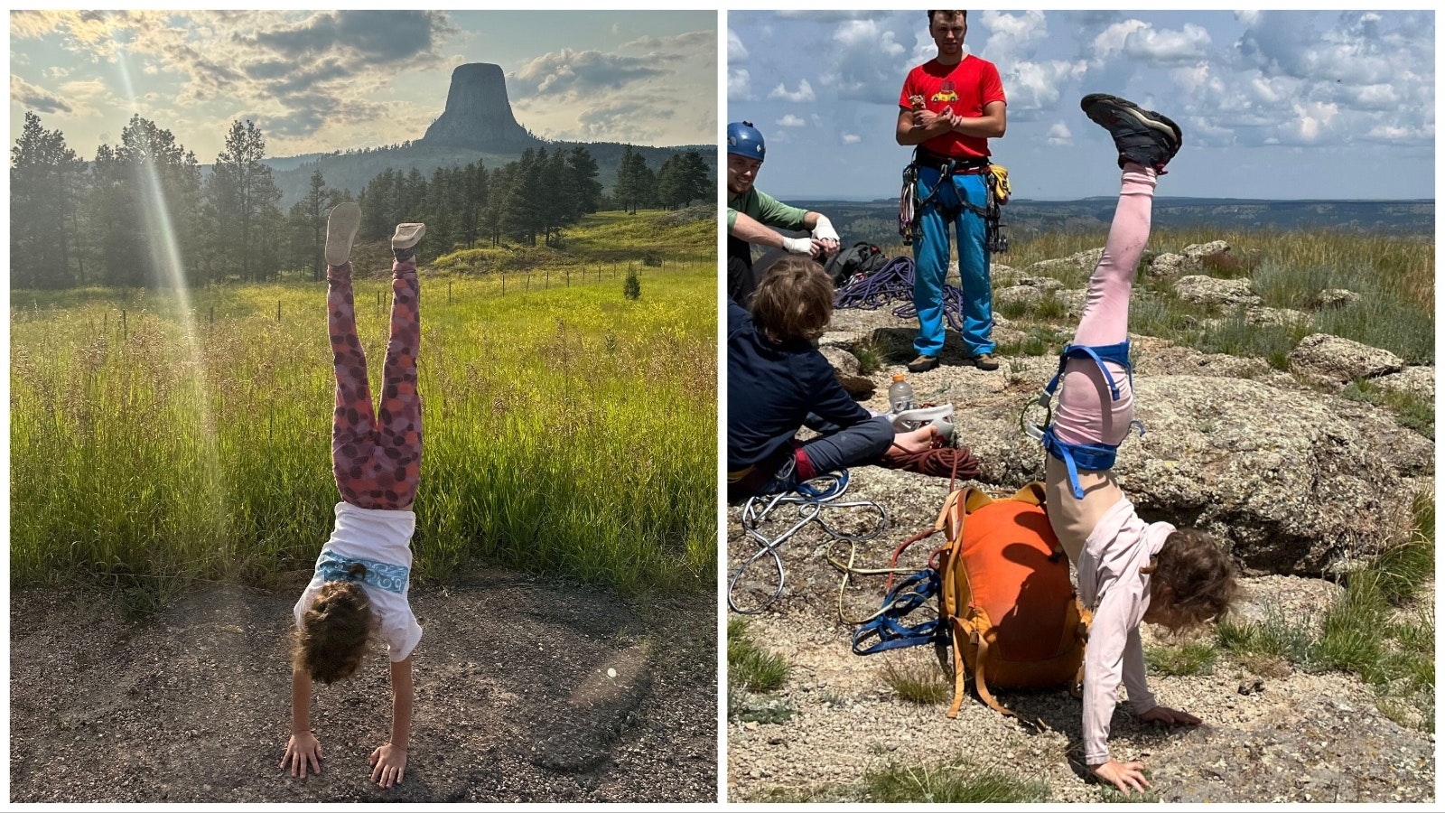 Alice Galy, 6, of Massachusetts, does a handstand near the base of Devils Tower before climbing it. She vowed to also do a handstand once she reached to top, which she did, right.
