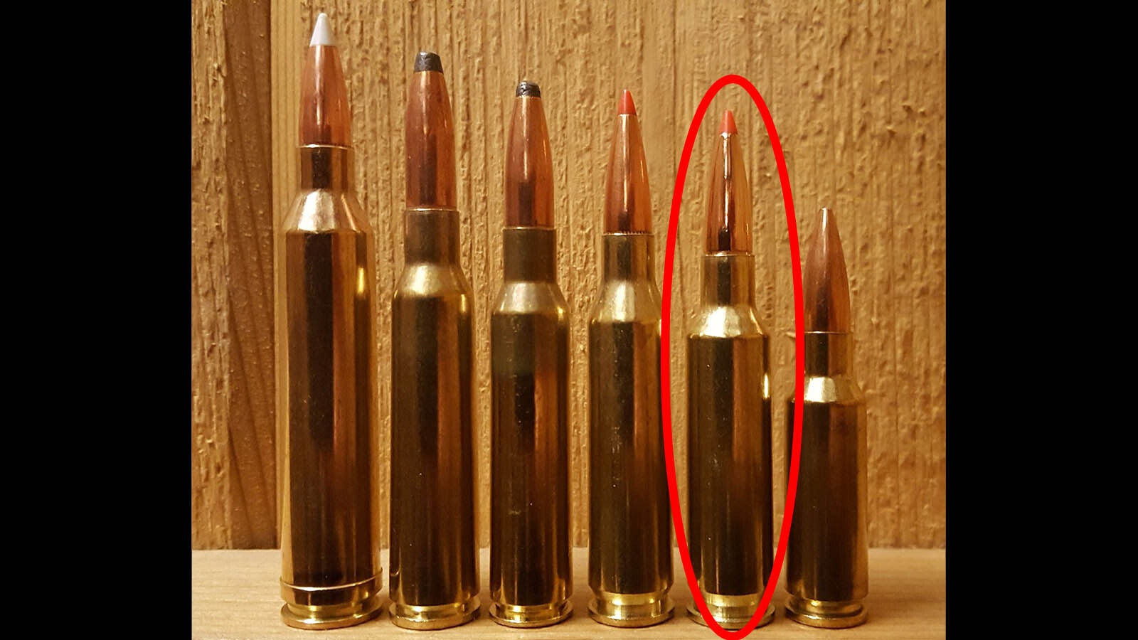 Size comparison of some 6.5mm cartridges, from left: .264 Winchester Magnum, 6.5×55mm Swedish, 6.5×52mm Carcano, .260 Remington, 6.5mm Creedmoor and 6.5mm Grendel.