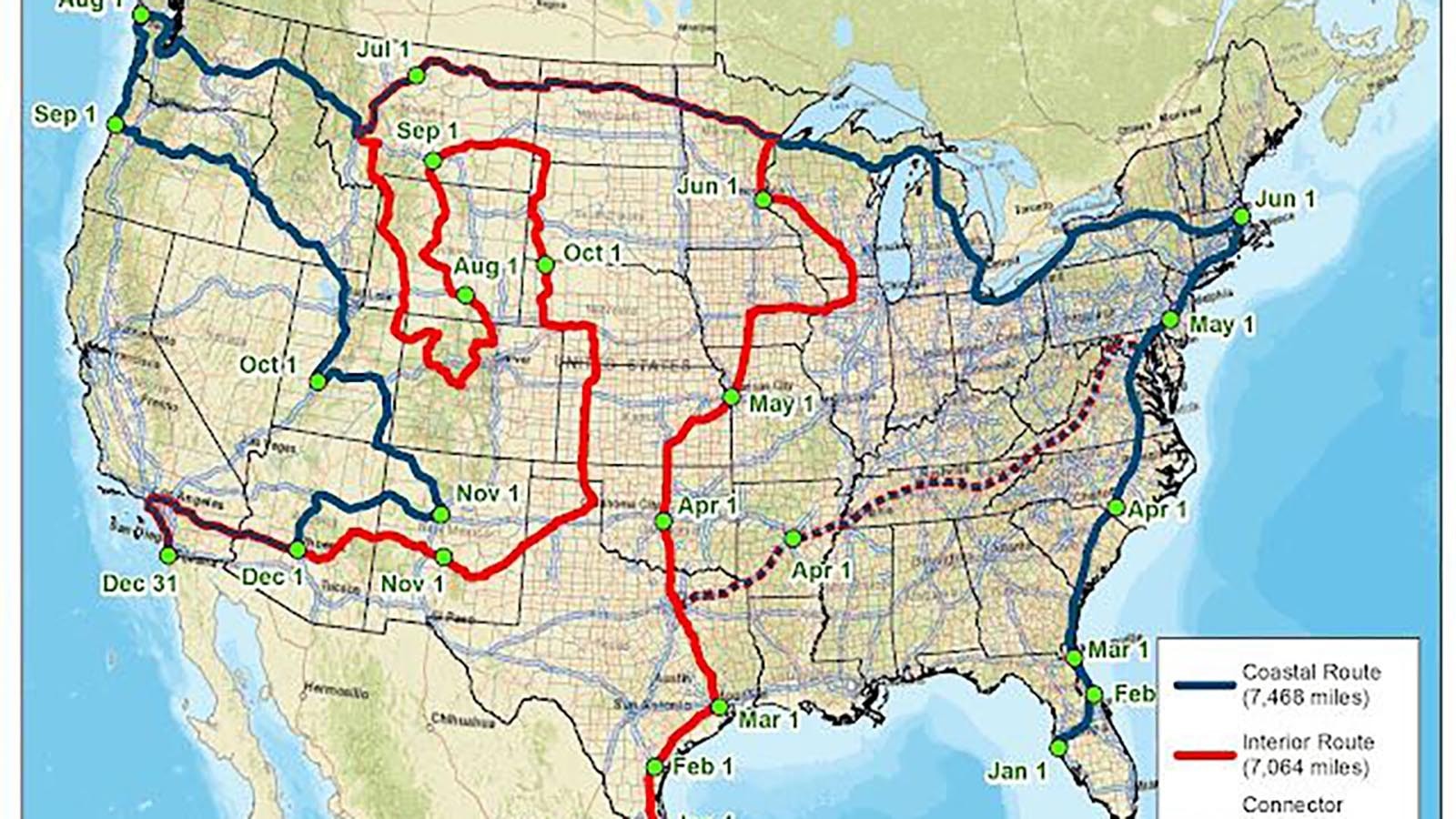 this map shows the route an Alaska climatologist claims will allow travelers to be in perfect 70-degree weather the whole time. It includes Wyoming on Aug. 1. The map is misleading, however, because he uses an average of high and low temps, meaning it will be much hotter during the day when people are traveling.