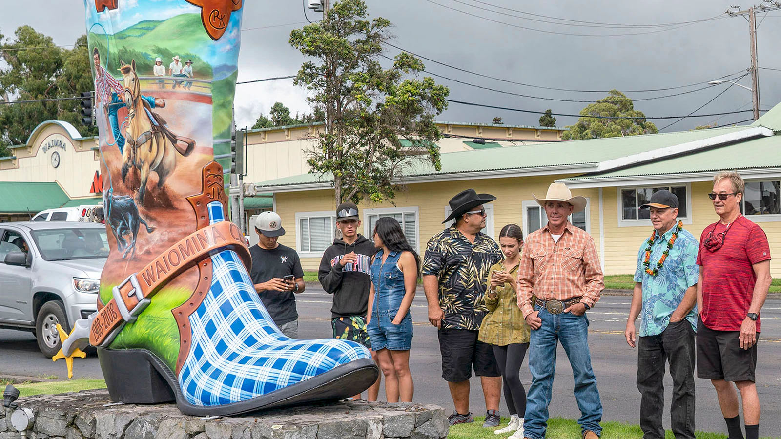 A crowd gathers for the dedication for the Waiomina boot in Waimea, Hawaii. Waiomina is how Hawaiians pronounce "Wyoming."