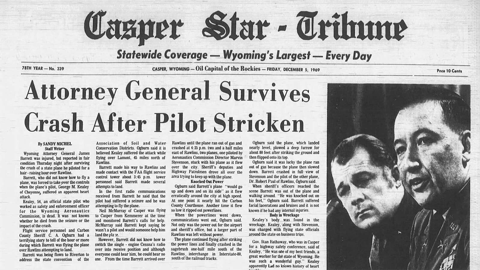 The Casper Star-Tribune on Dec. 5, 1969, had a front-page story on James Barrett’s survival in plane crash.